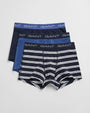 GANT STRIPE TRUNK 3-Pack Mens Evening Blue, front view of three trunks featuring navy and striped designs with GANT logo waistbands.