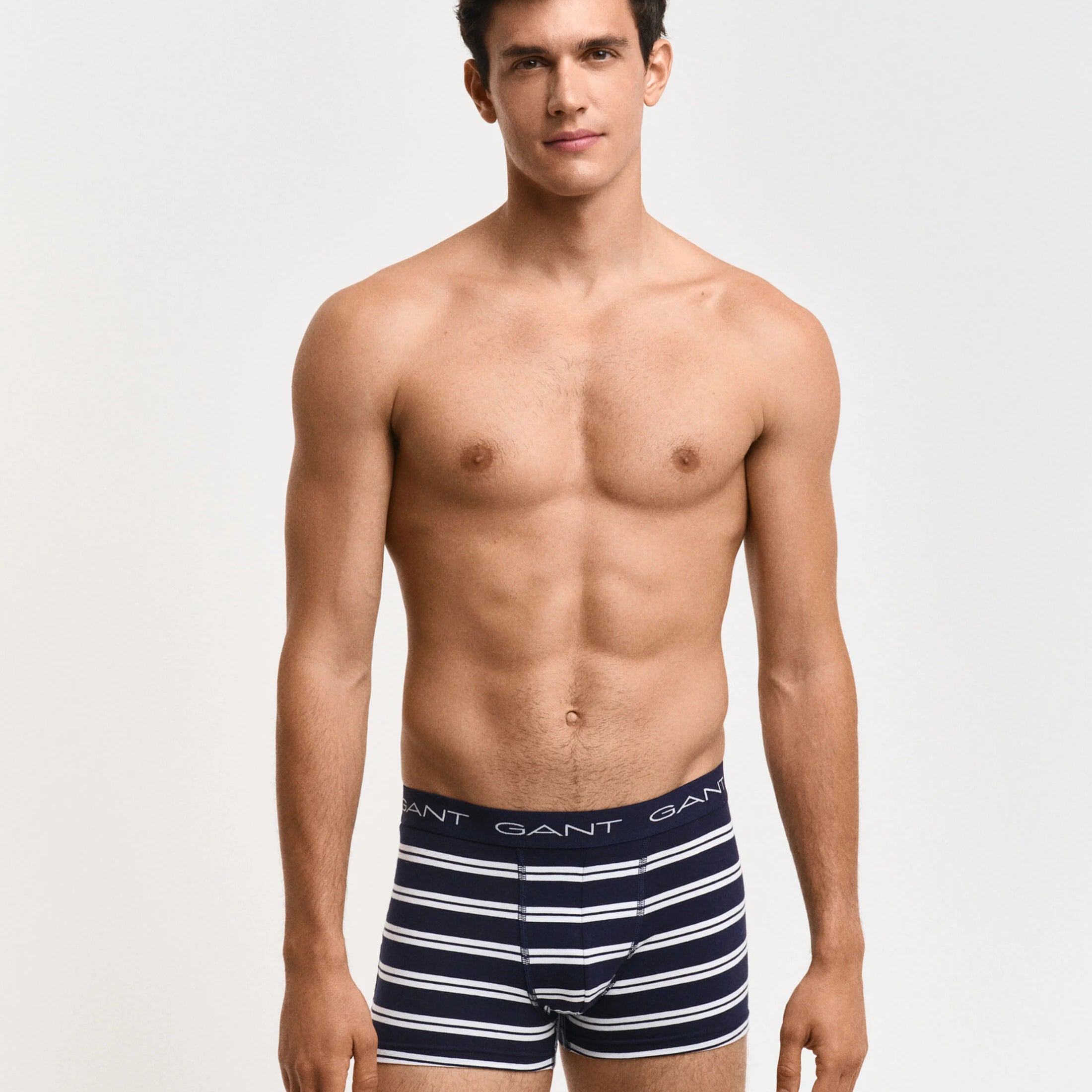 GANT STRIPE TRUNK 3-Pack Mens Evening Blue front view on model showcasing fitted design and elastic waistband.