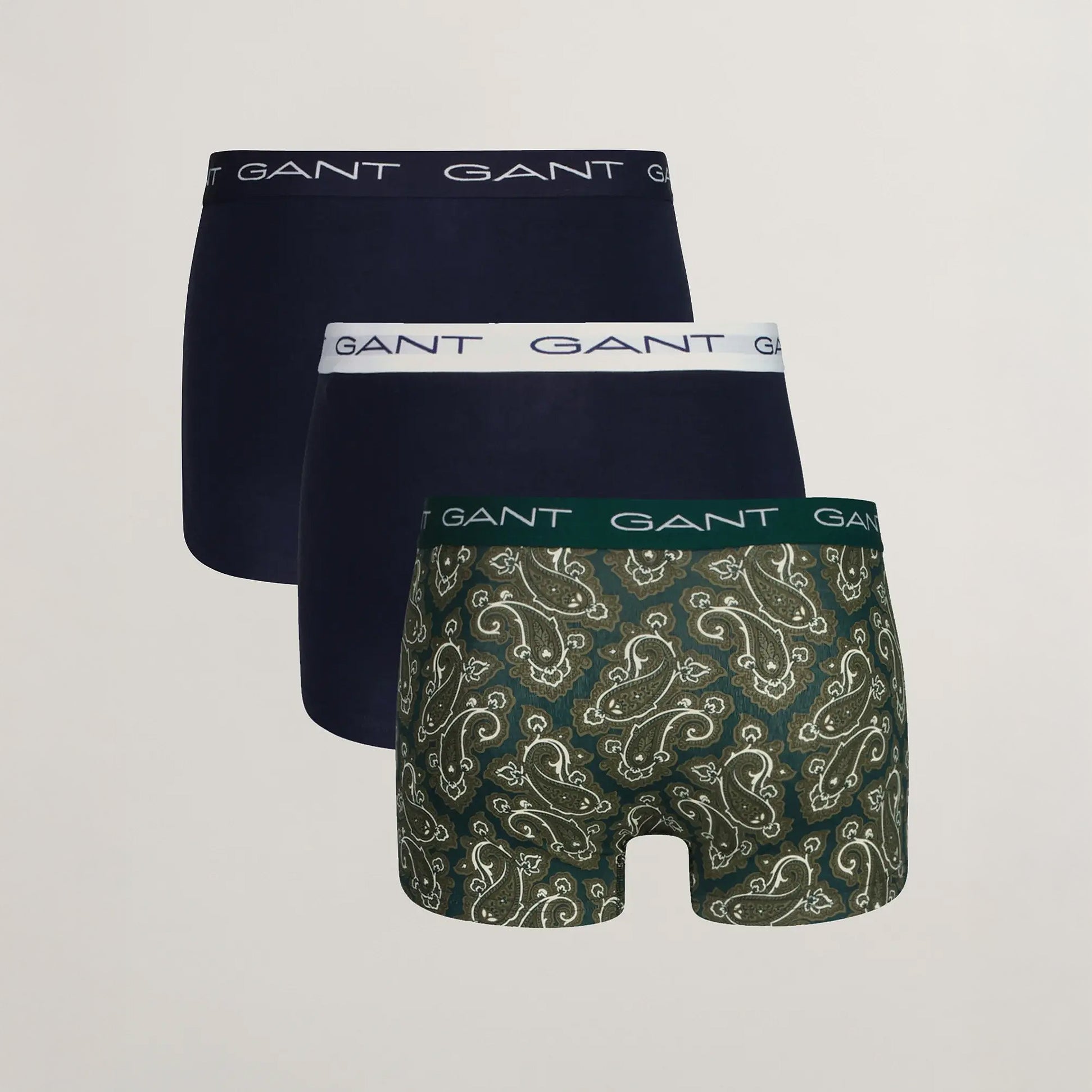GANT PAISLEY TRUNK 3 Pack Mens Deep Forest side view showing three trunks with paisley design and elastic waistbands.