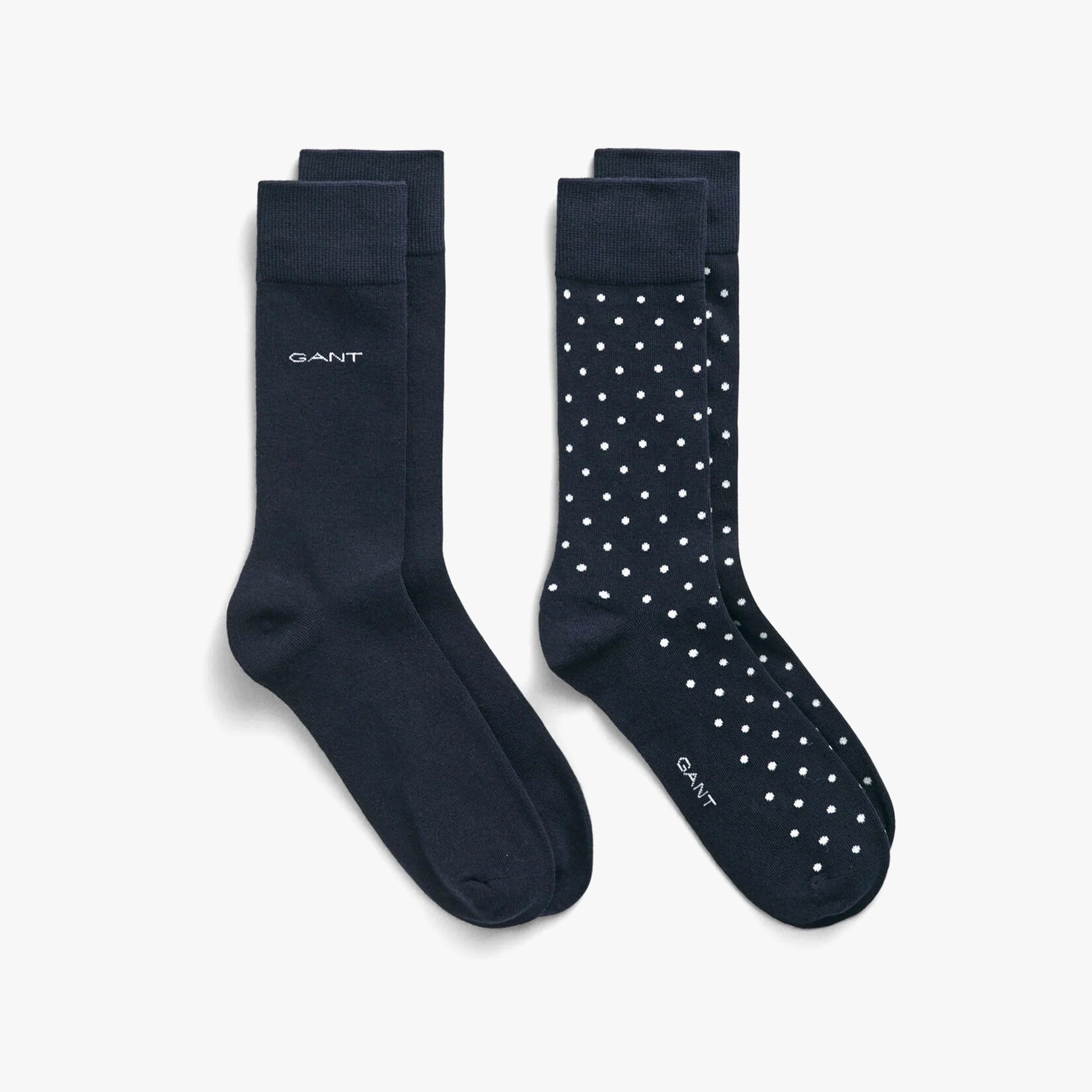 GANT DOT AND SOLID SOCKS 2-Pack Mens Marine front view showing solid and dotted crew socks in navy color.