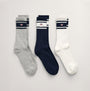 GANT SHIELD SOCKS 3-Pack Mens Sport Socks Evening Blue detail view of three pairs in grey, navy, and white with stripes.