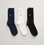 GANT SHIELD SOCKS 3-Pack Mens Black front view showing three pairs of socks in black, white, and navy blue.
