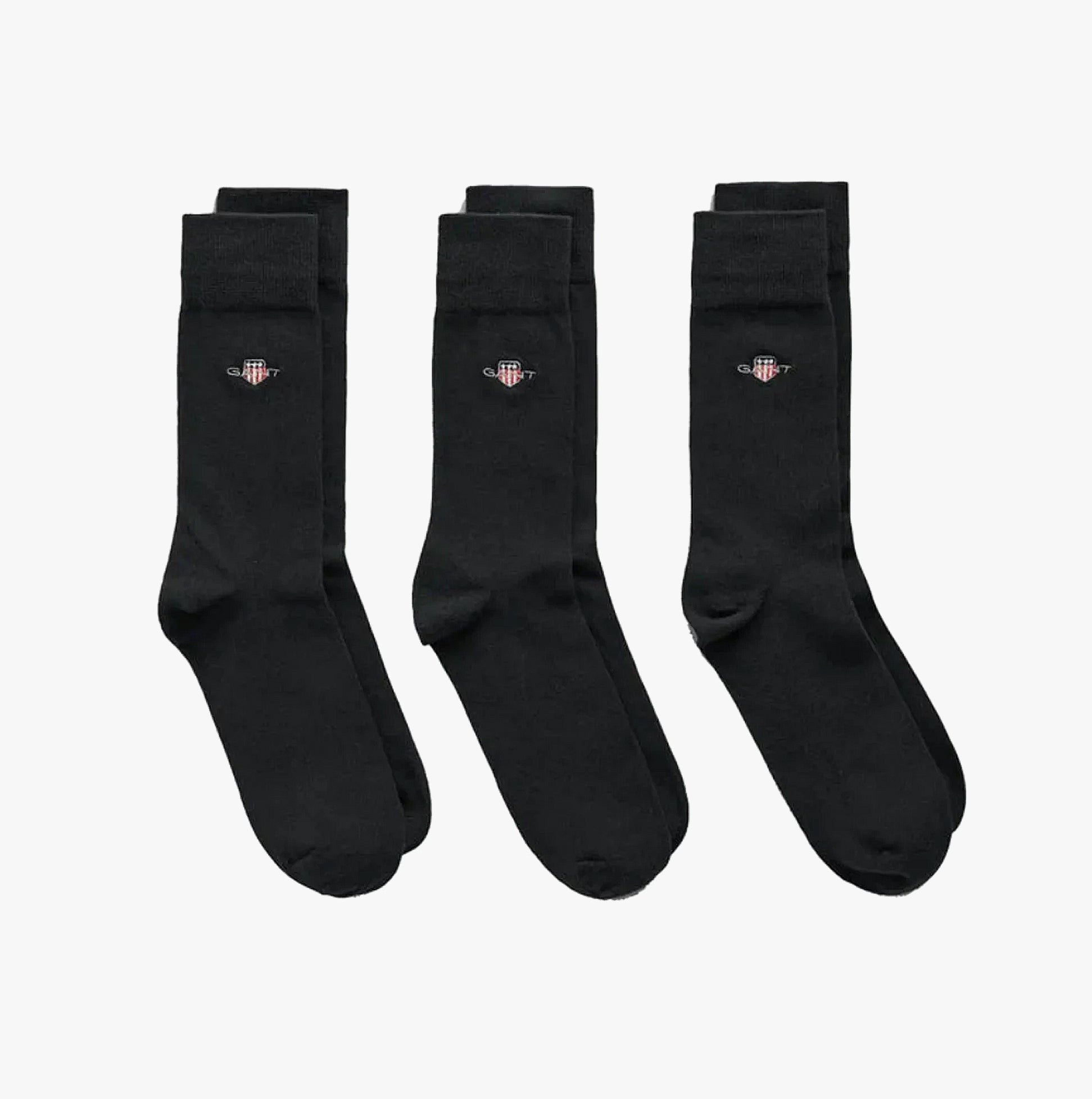 GANT SHIELD SOCKS 3-Pack Mens Ebony Black side view showcasing three pairs of black crew socks with logo detail.