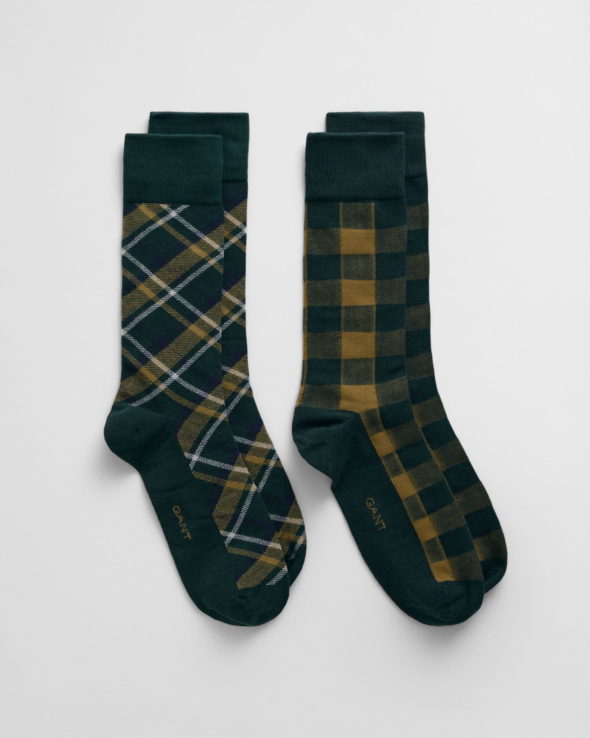 GANT CHECK SOCKS 2-Pack GIFT BOX Mens Tartan Green front view featuring plaid and checked designs.