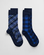 GANT CHECK SOCKS 2-Pack GIFT BOX Mens Evening Blue, side view of patterned and solid blue socks.