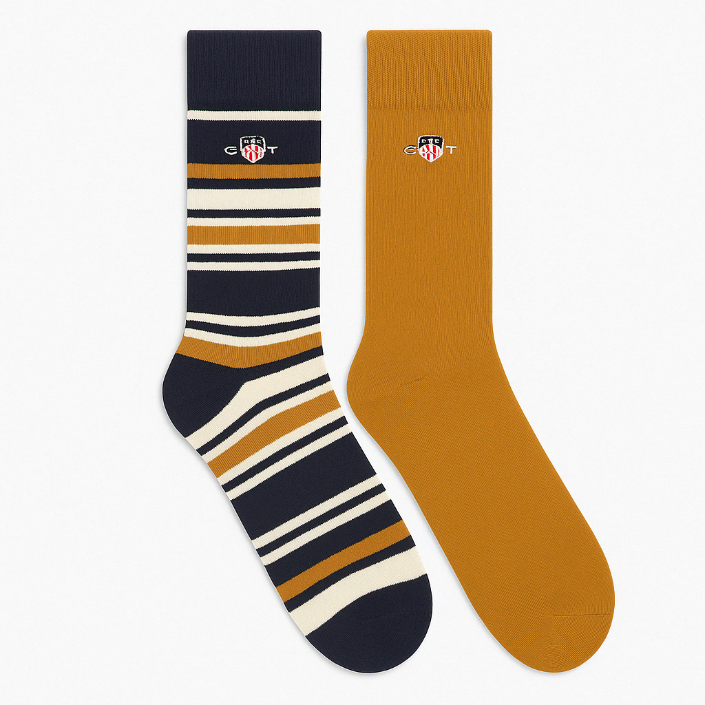 GANT SHIELD RUGGER STRIPE SOCKS 2-Pack Mens Cumin Beige front view featuring striped and solid designs.