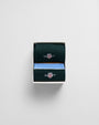GANT SHIELD RUGGER STRIPE SOCKS 2-Pack Mens Clear Sky in gift box, top view showing green and blue socks.