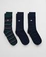 GANT SHIELD TIE STRIPE SOCKS 3-Pack Mens Tartan Green side view showing striped and solid socks design.