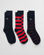 GANT SHIELD TIE STRIPE SOCKS 3-Pack Mens Bright Red with stripes, side view, showcasing different designs and colors.