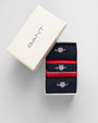 GANT SHIELD TIE STRIPE SOCKS 3-Pack Mens Bright Red in gift box, top view showcasing three pairs of socks.