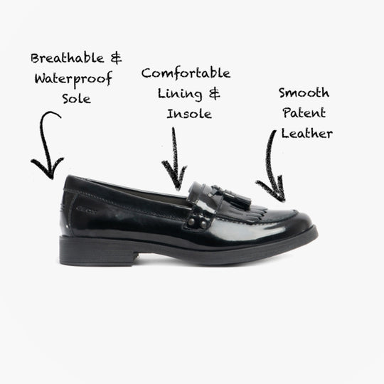 GEOX JR AGATA Girls Moccasin Tassel School Shoes Patent Black