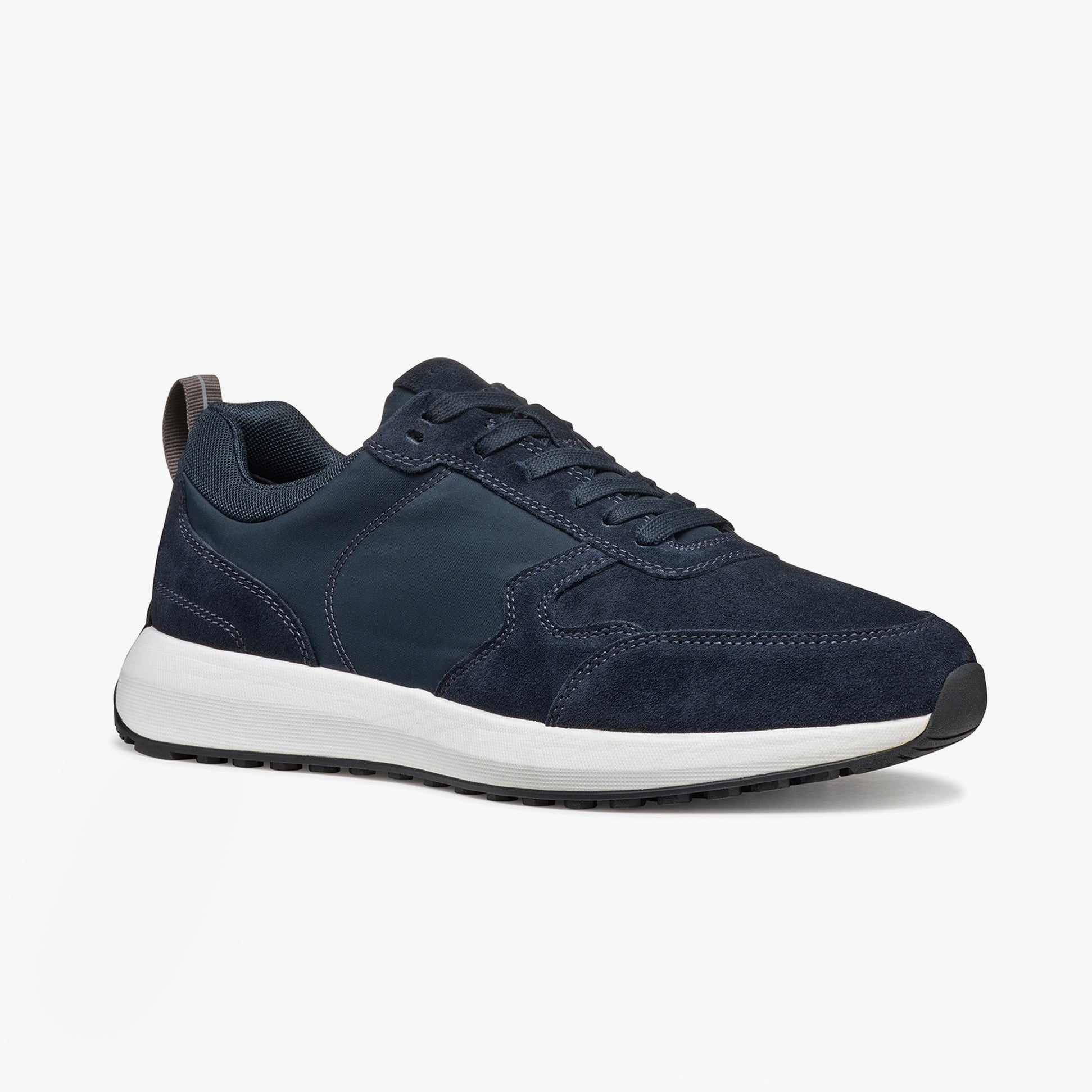GEOX U VOLPIANO Mens Trainers Navy side view showcasing suede and fabric upper, lace-up closure and low top design.