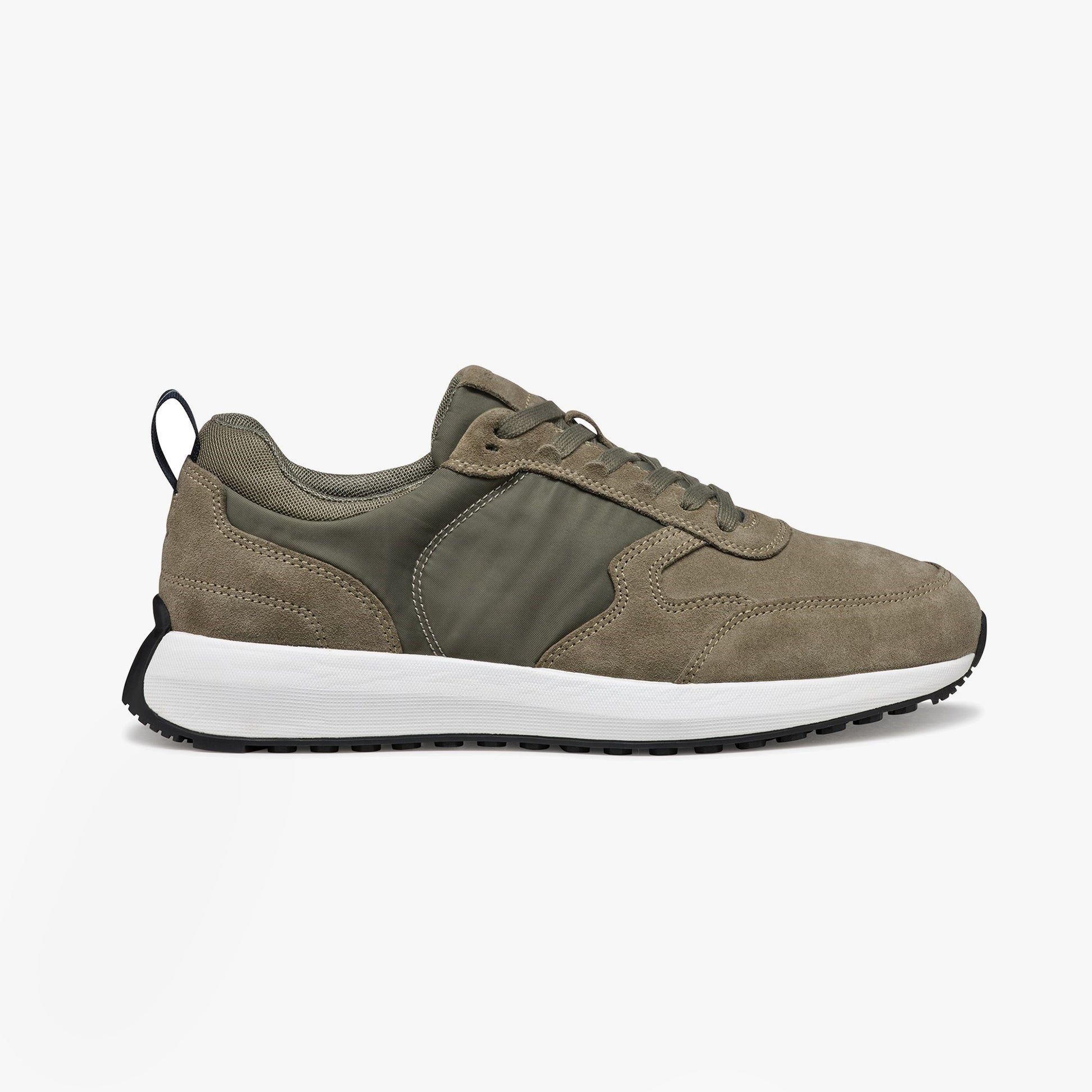 GEOX U VOLPIANO Mens Trainers Sage side view showing suede and fabric upper, lace-up closure, and rubber sole.