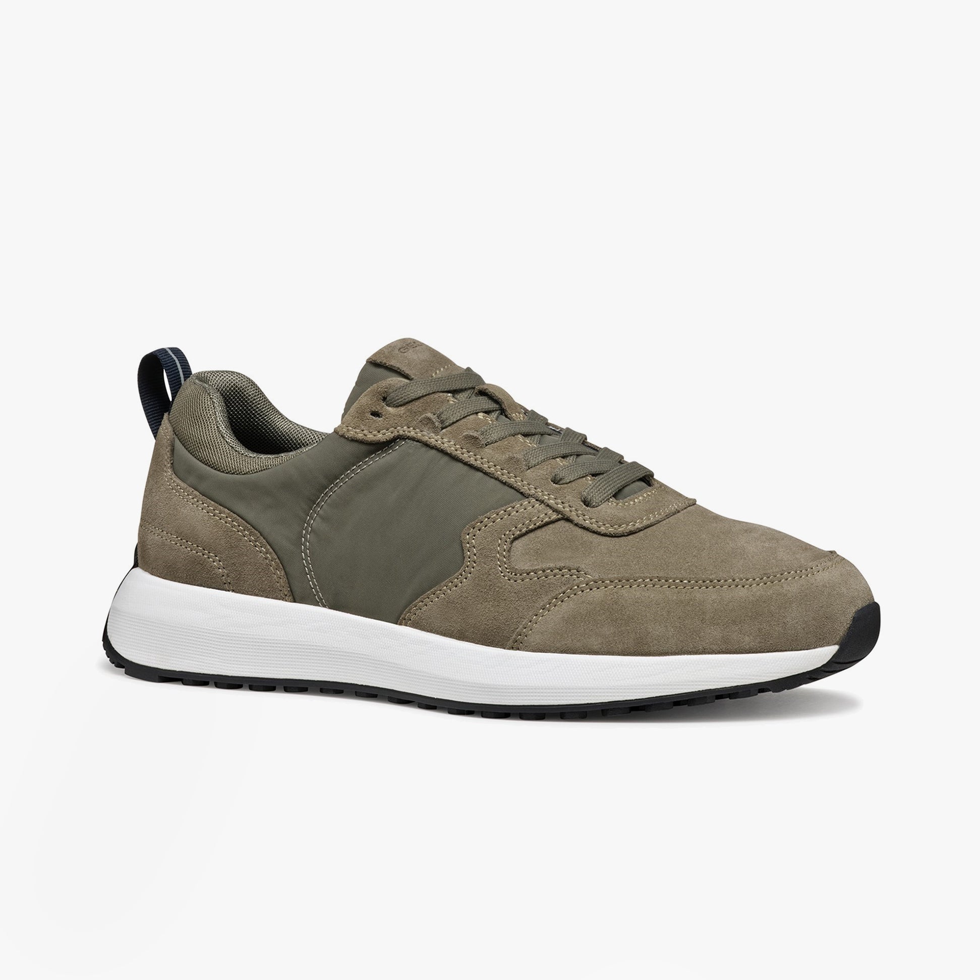 GEOX U VOLPIANO Mens Trainers Sage side view showcasing suede and fabric design with lace-up closure and rubber sole.