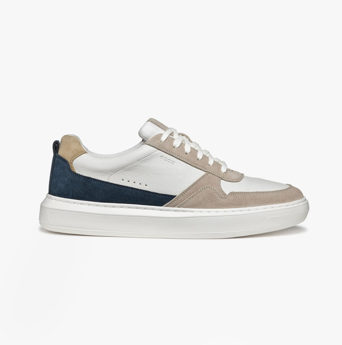 GEOX U DEIVEN Mens Trainers Sand/White side view showcasing leather and suede upper with rubber sole.