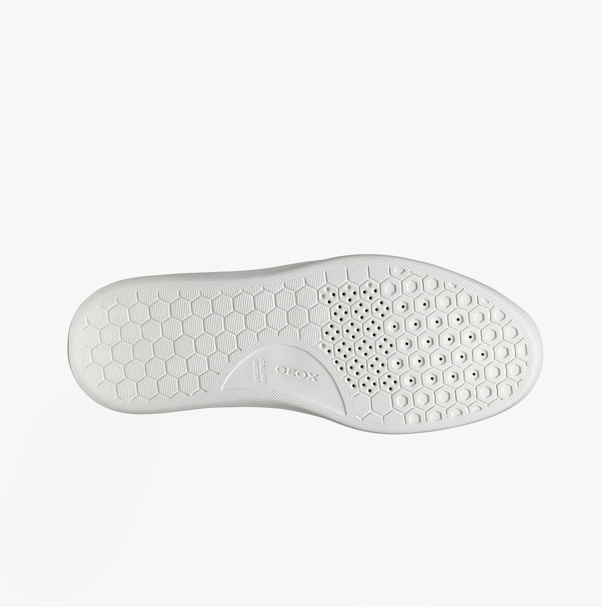 GEOX U DEIVEN Mens Trainers Sand/White shoe sole view featuring rubber traction design and ventilation holes.