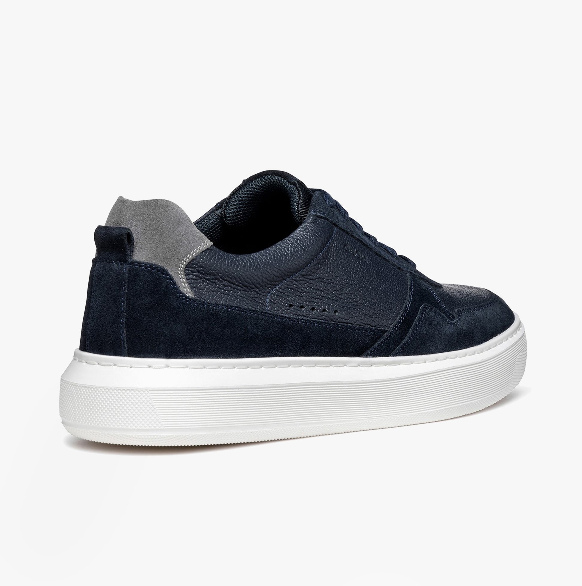 GEOX U DEIVEN Mens Trainers Navy side view showing leather and suede upper with rubber sole.