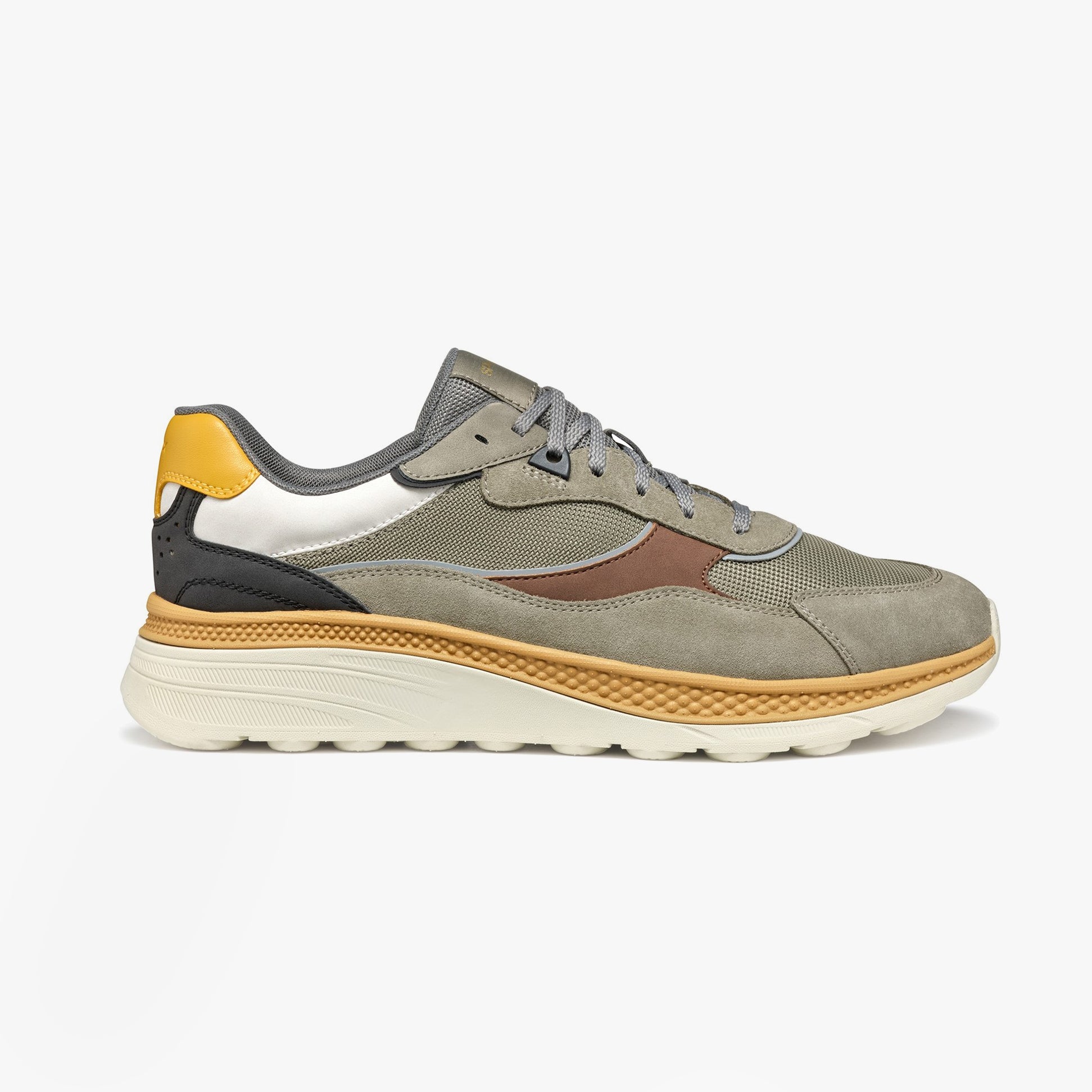 GEOX U SPHERICA ACTIF X1 Mens Trainers Sage/Brown side view showcasing breathable textile upper and lace-up closure.