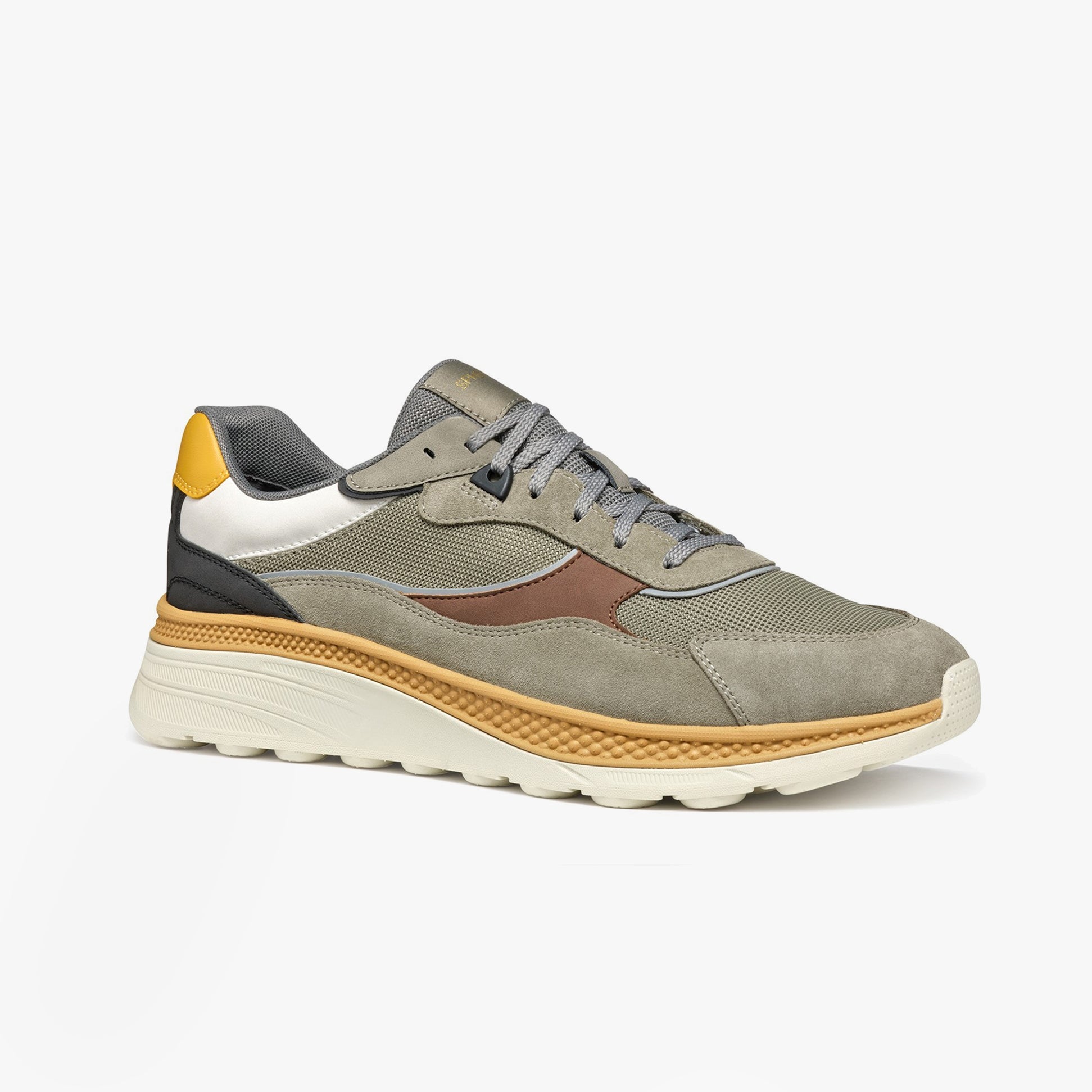 GEOX U SPHERICA ACTIF X1 Mens Trainers Sage/Brown side view showing textured upper and lace-up closure.