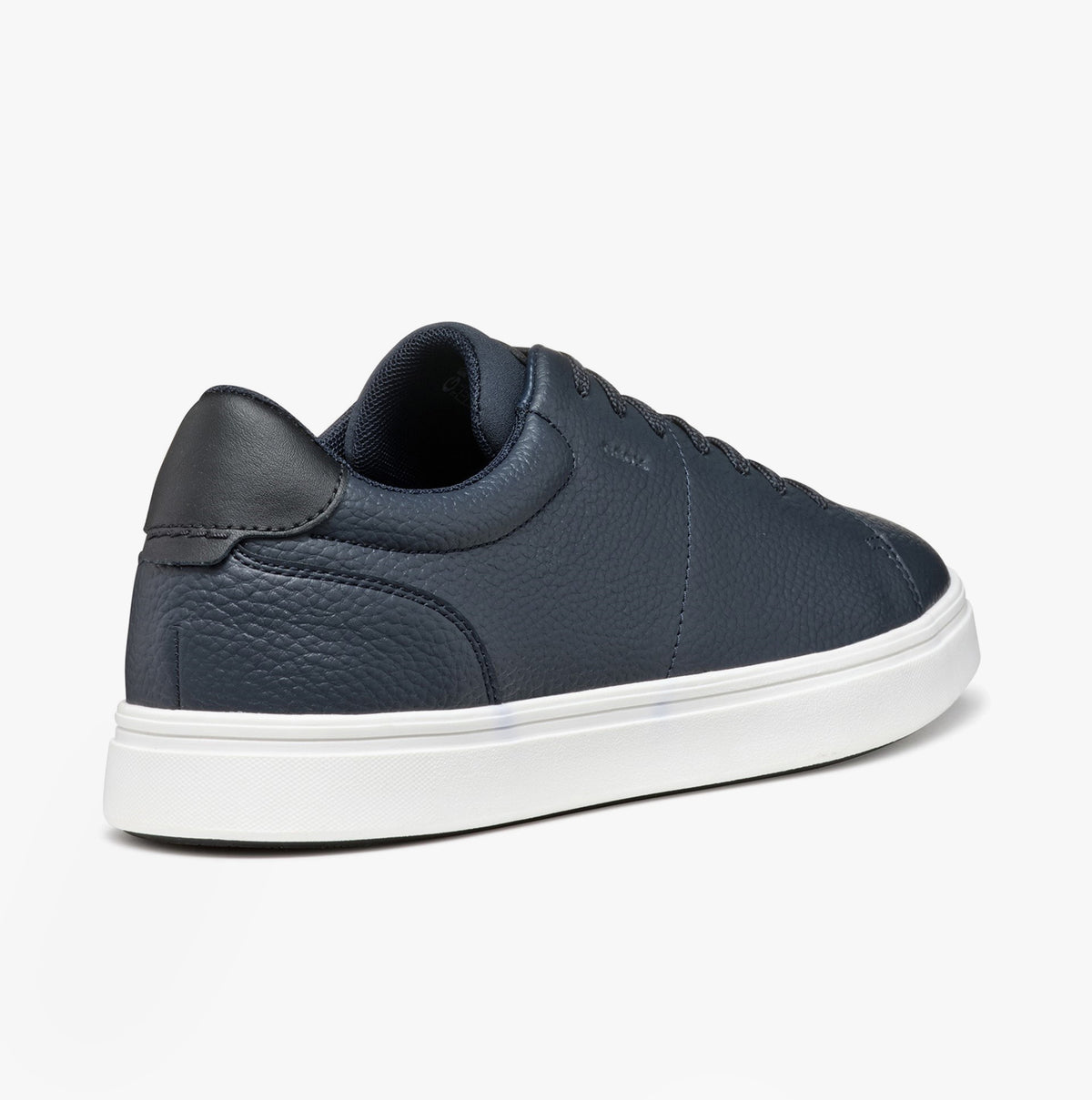 GEOX U BALTMOORE Mens Trainers Navy rear view showing leather upper and white sole.