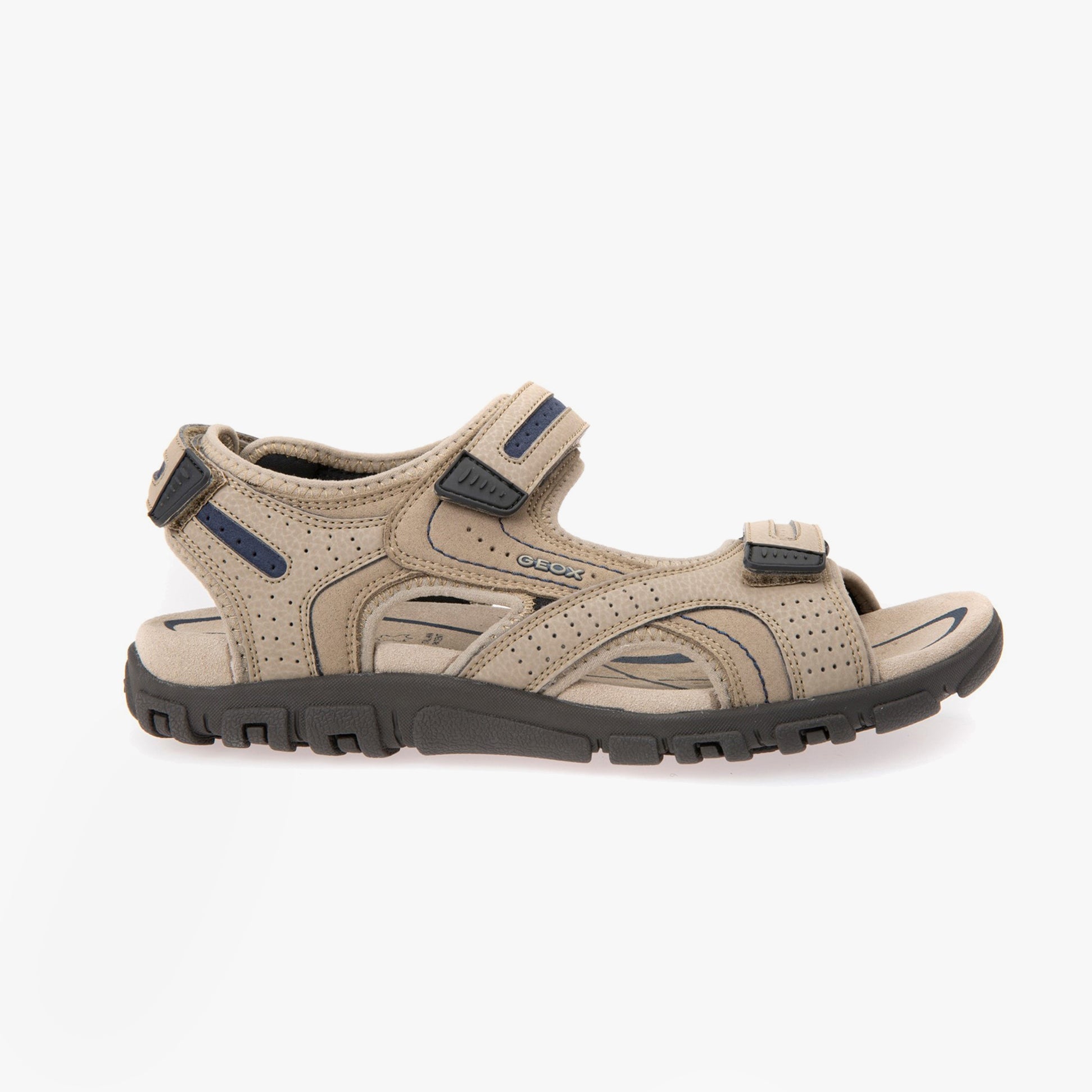 GEOX UOMO SANDAL STRADA Mens Sandals Sand/Navy side view showcasing synthetic upper and rubber sole.