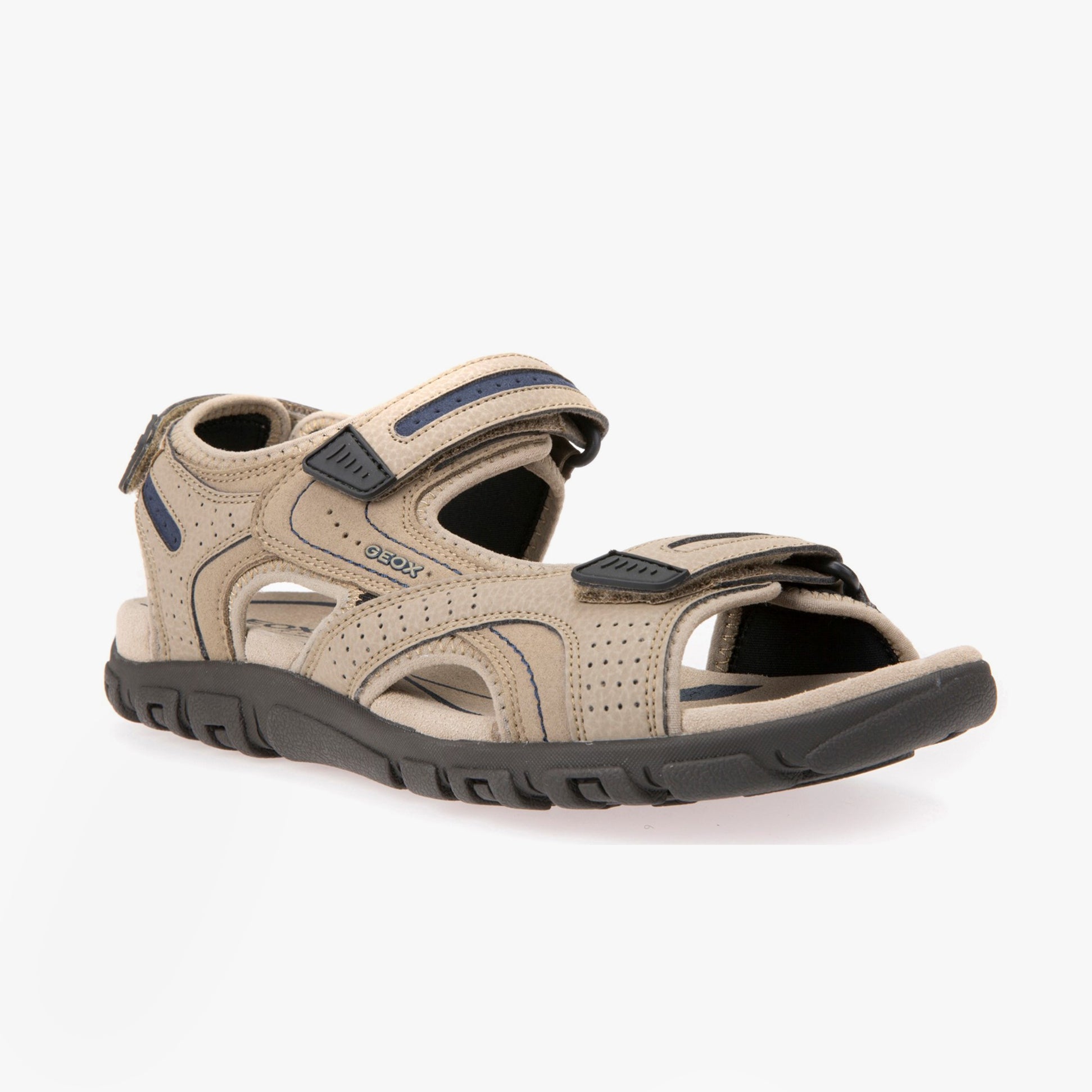 GEOX UOMO SANDAL STRADA Mens Sandals Sand/Navy side view showing synthetic upper and touch fasten closure.