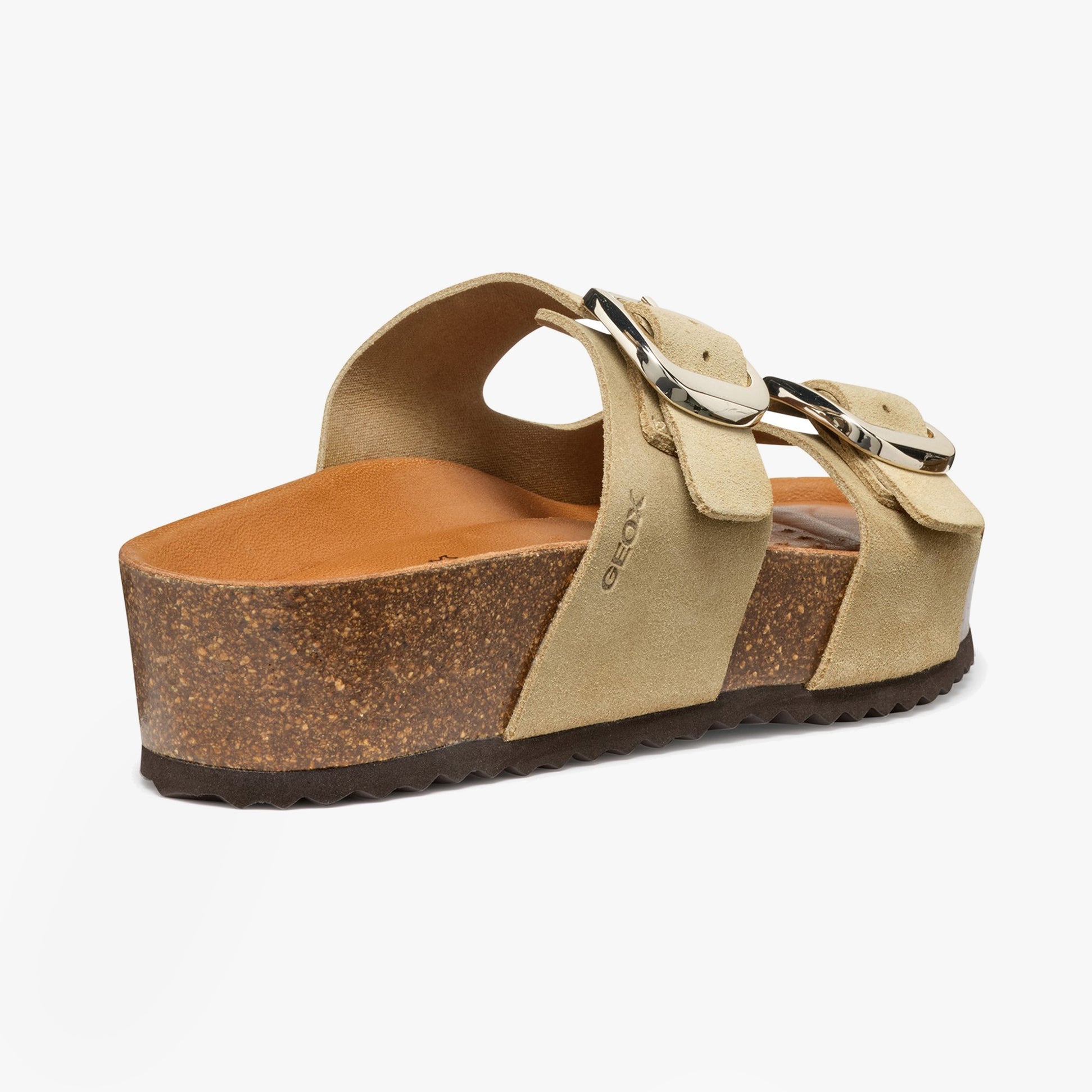 GEOX D BRIONIA H Womens Sandals Light Taupe side view showing suede upper, wedge heel, and slip-on design.