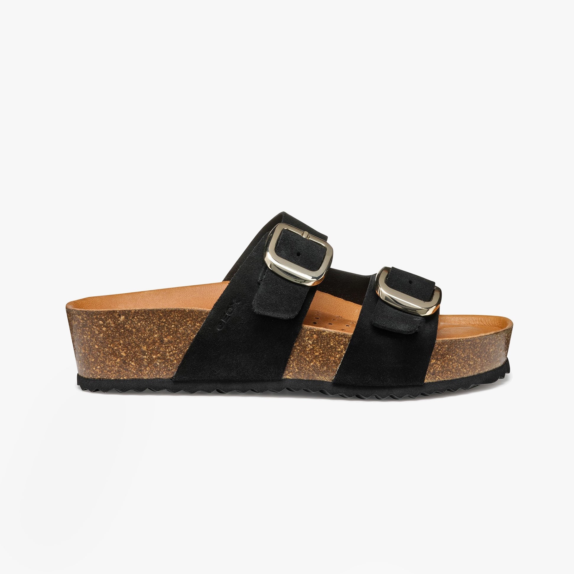GEOX D BRIONIA H Womens Sandals Black side view featuring suede upper and wedge heel.