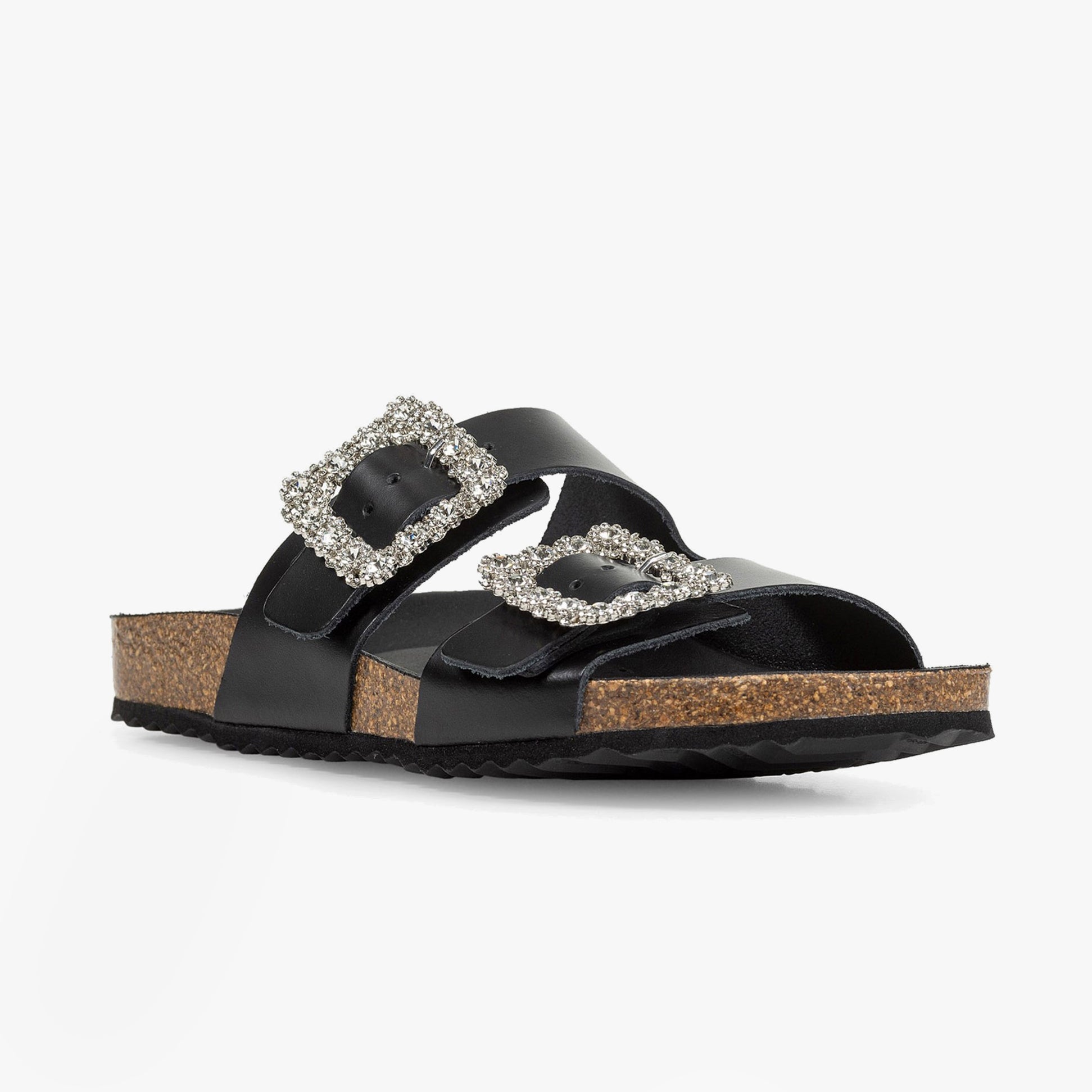 GEOX D BRIONIA R Womens Sandals Black side view with decorative buckles and cork sole.