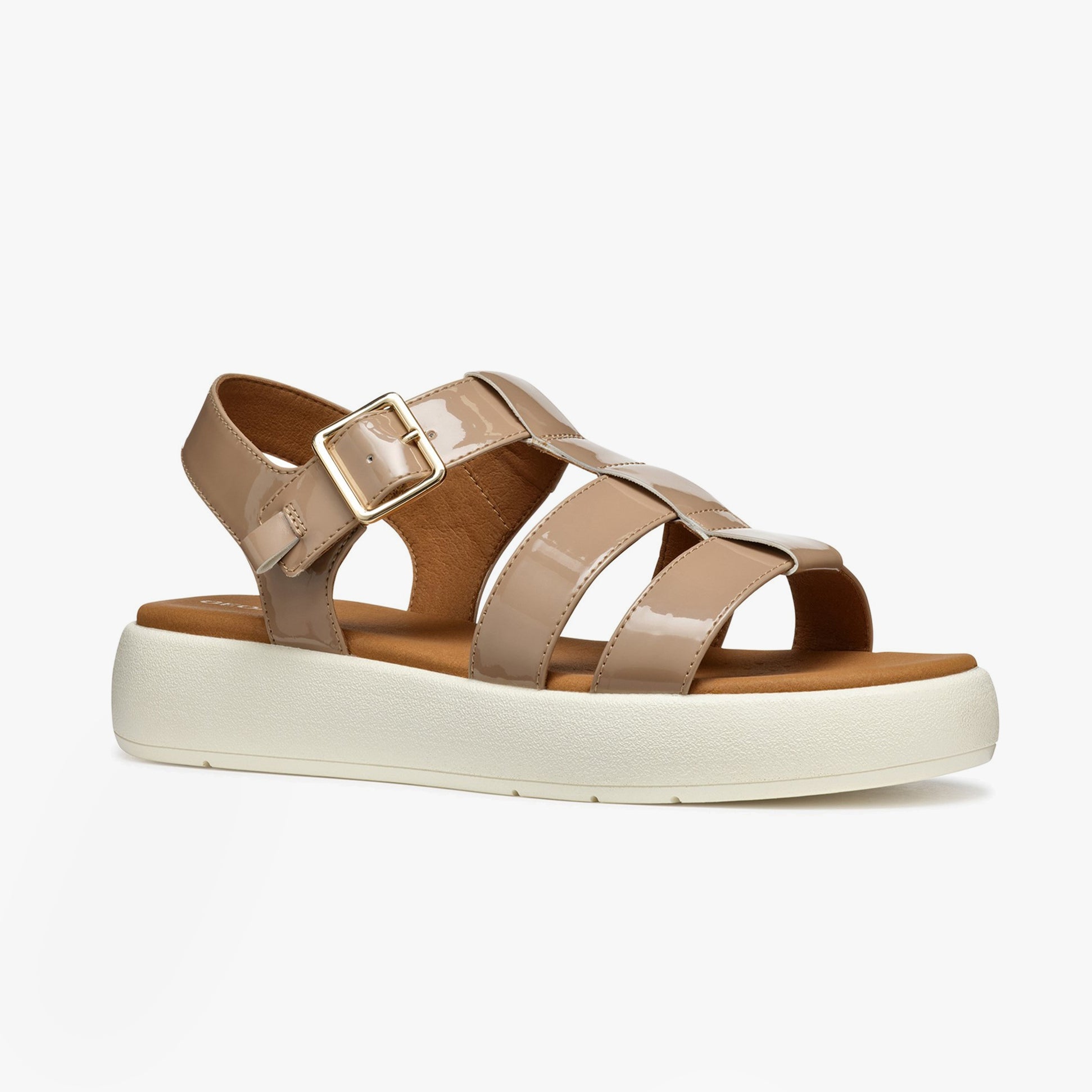 GEOX D CAMALEI Womens Sandals Caramel side view showcasing faux leather straps and buckle closure.