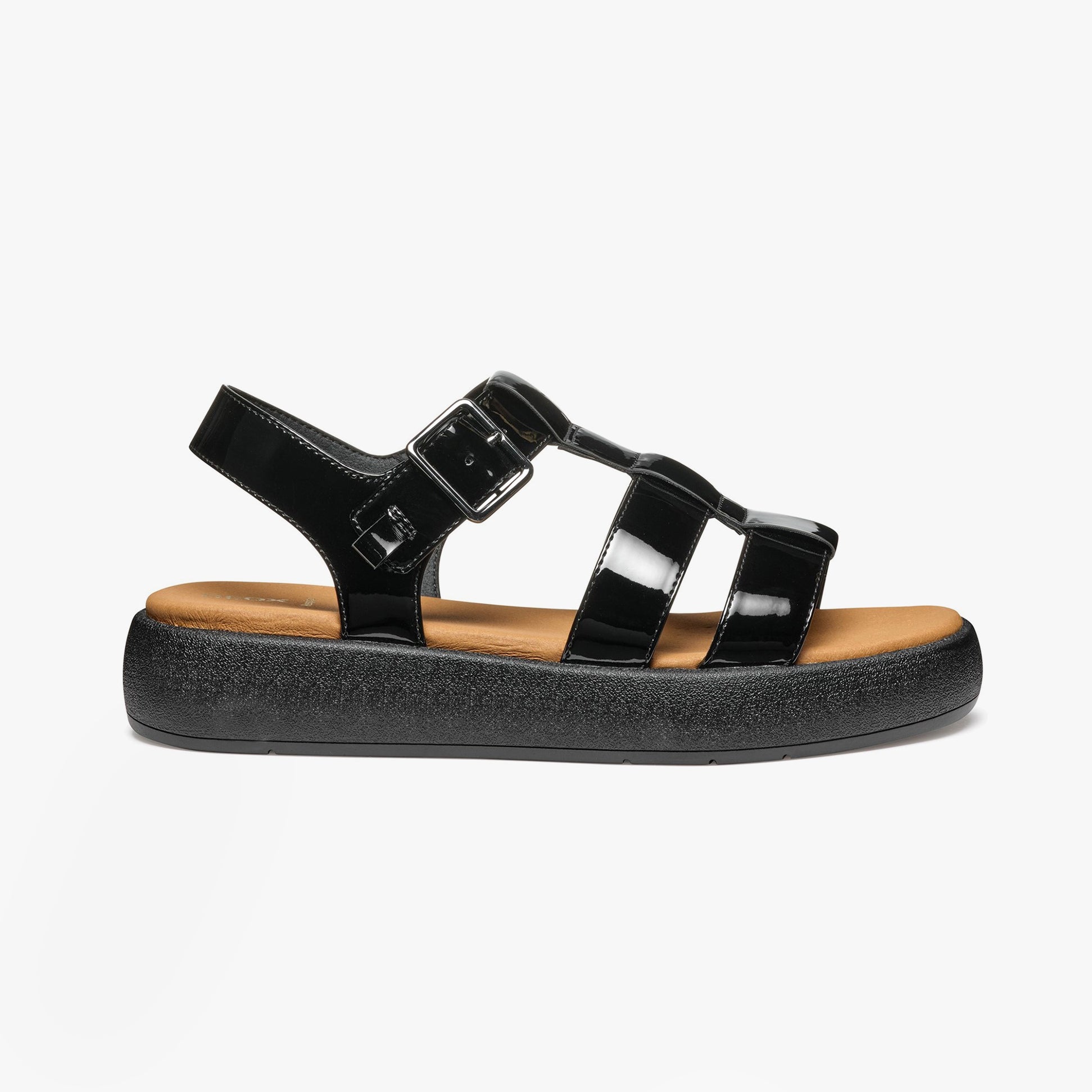 GEOX D CAMALEI Womens Sandals Black side view featuring buckle closure and faux leather upper