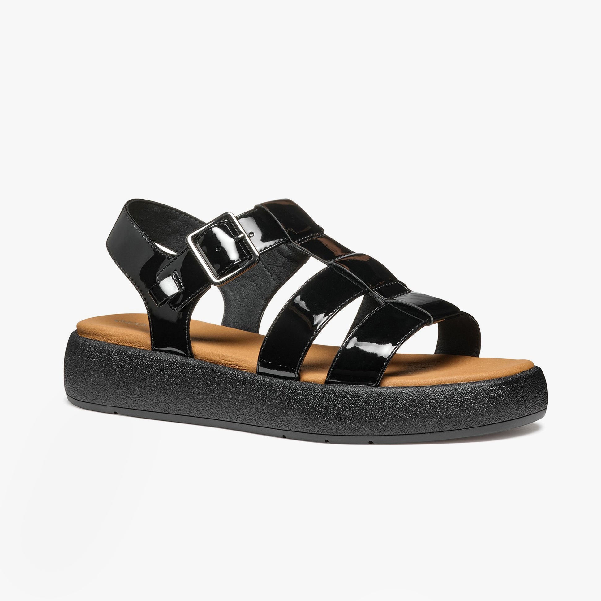 GEOX D CAMALEI Womens Sandals Black, side view showcasing faux leather upper and buckle fastening.
