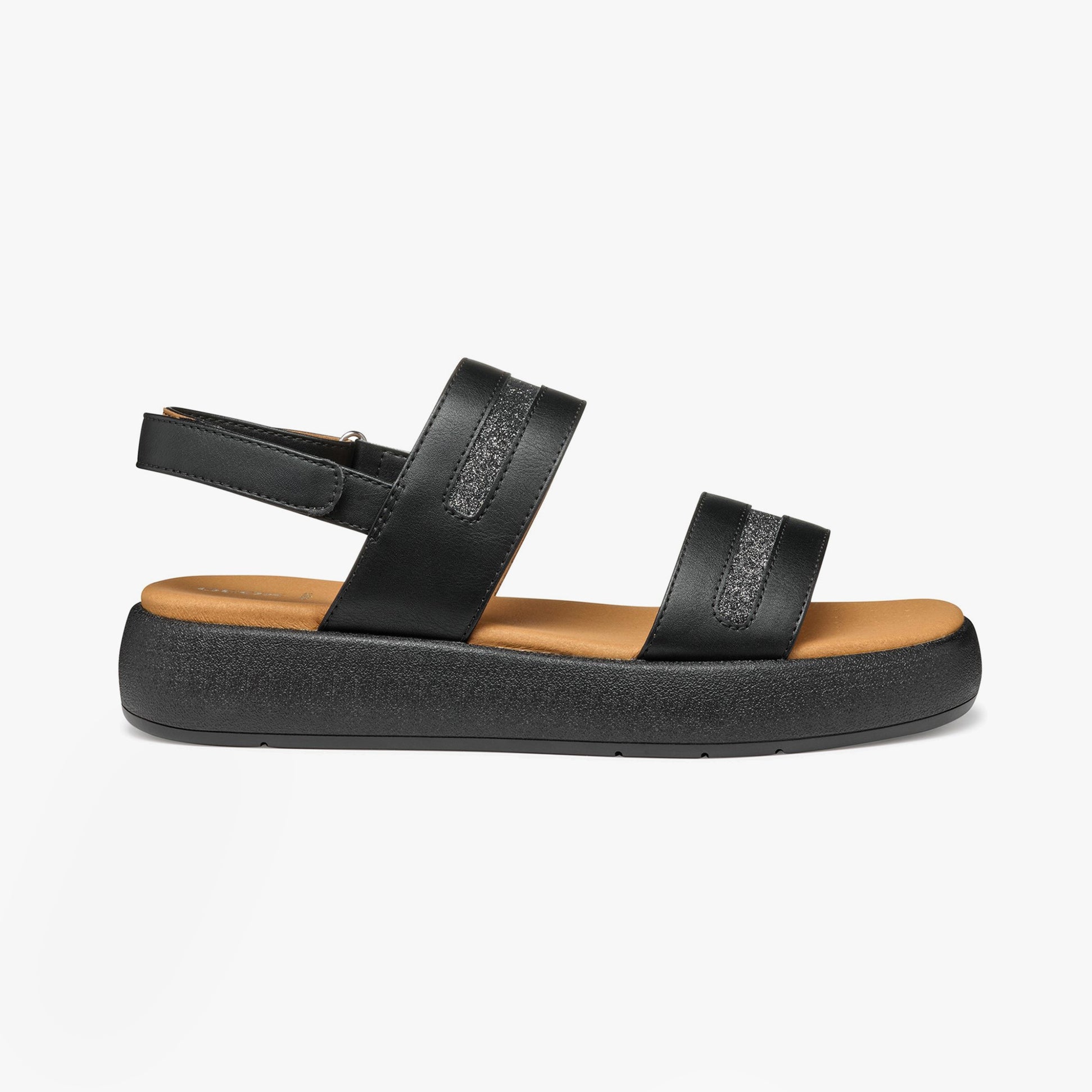 GEOX D CAMALEI Womens Sandals Black side view showcasing faux leather upper and rubber sole
