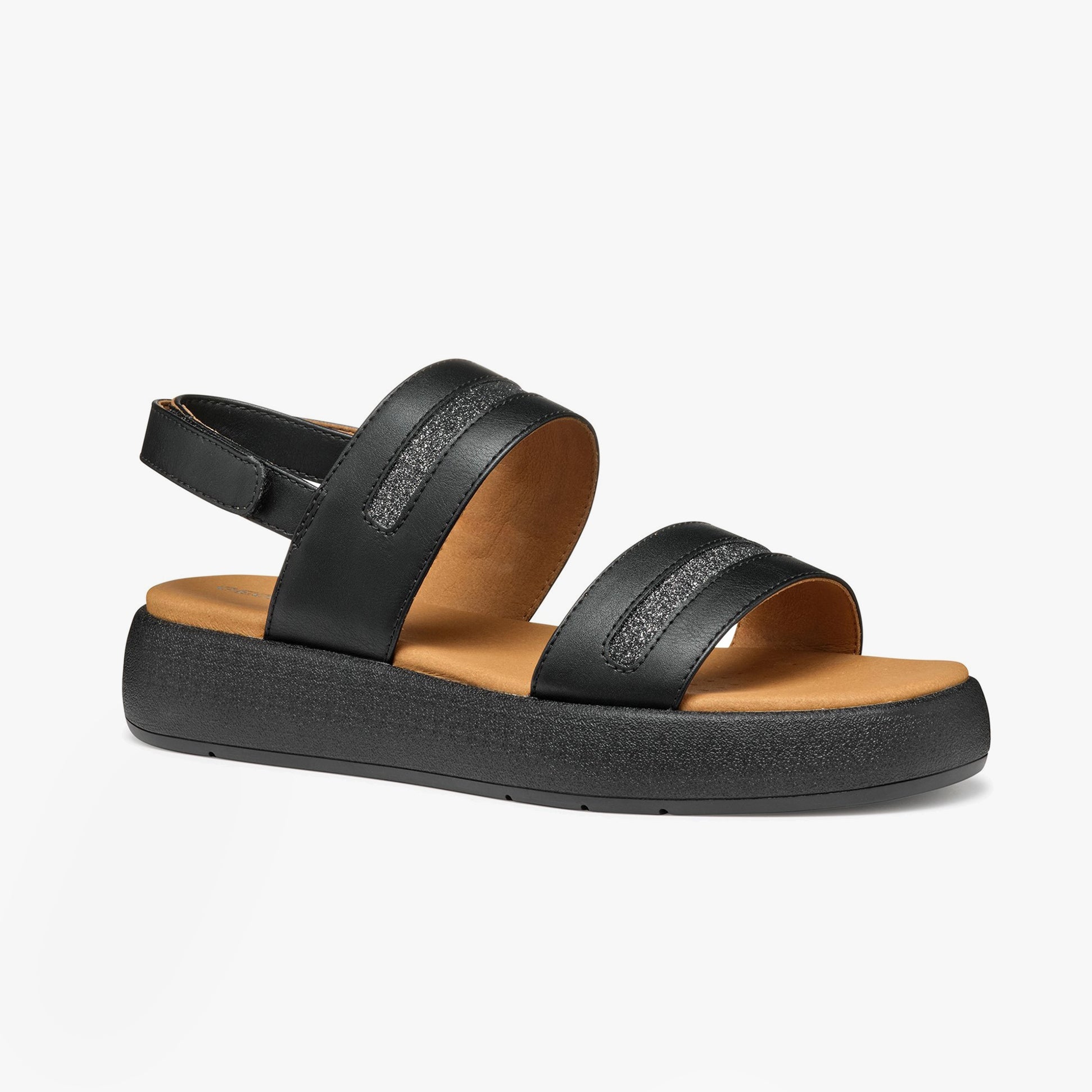 GEOX D CAMALEI Womens Sandals Black side view showcasing faux leather and comfort features.