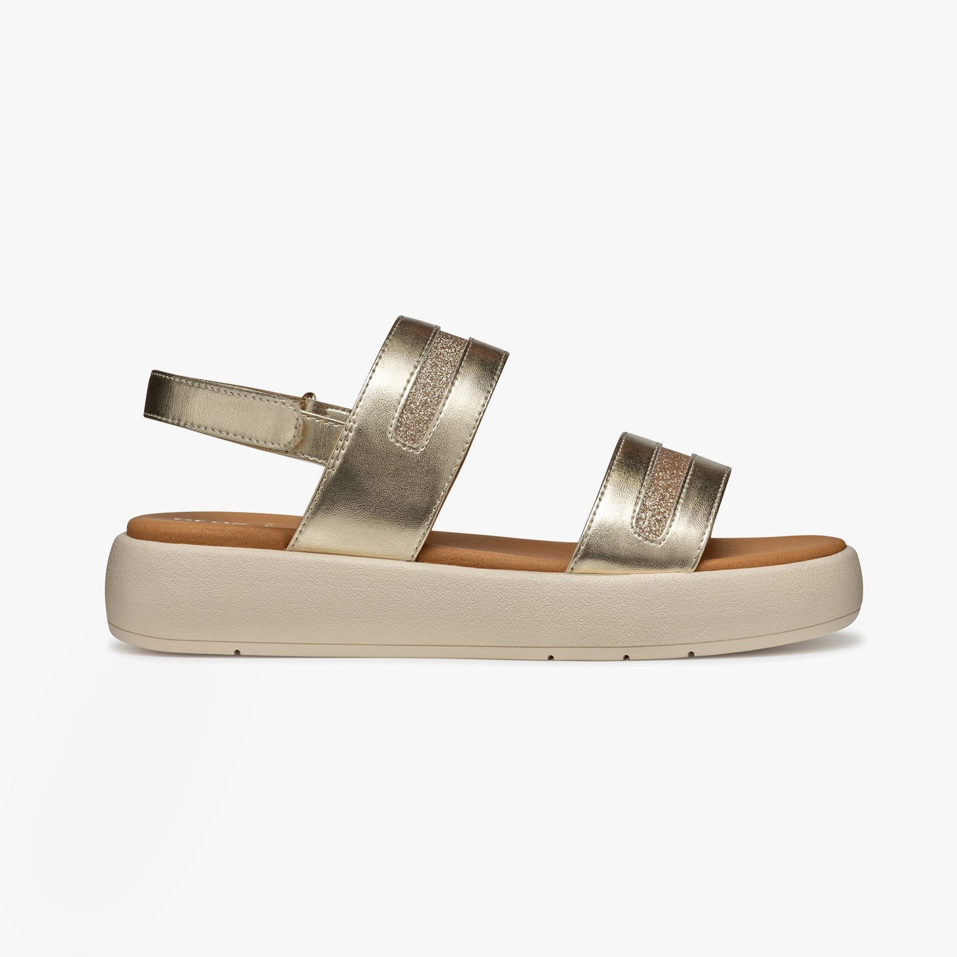 GEOX D CAMALEI Womens Sandals Light Gold side view with faux leather upper and rubber sole.