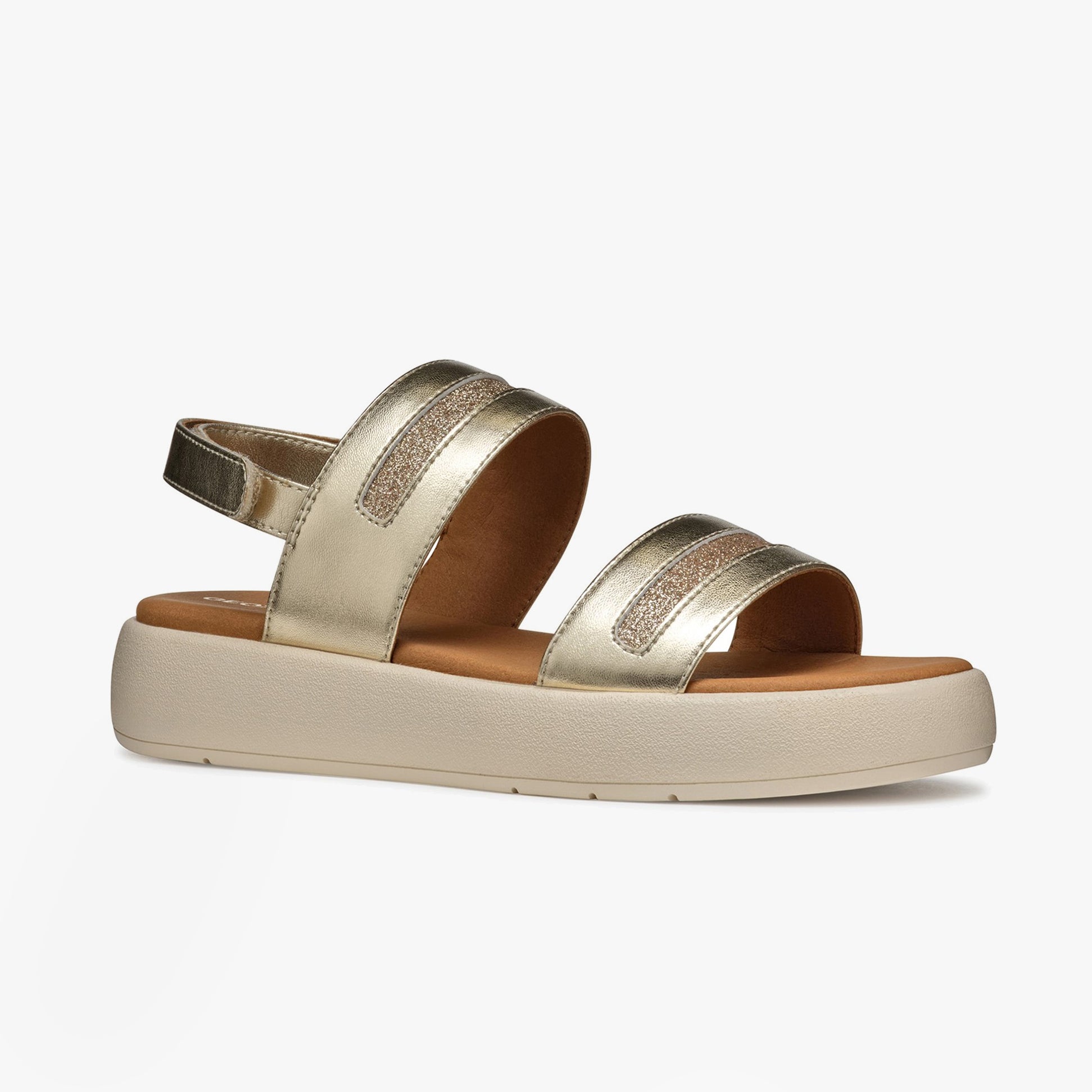 GEOX D CAMALEI Womens Sandals Light Gold side view showing faux leather upper and comfortable heel.