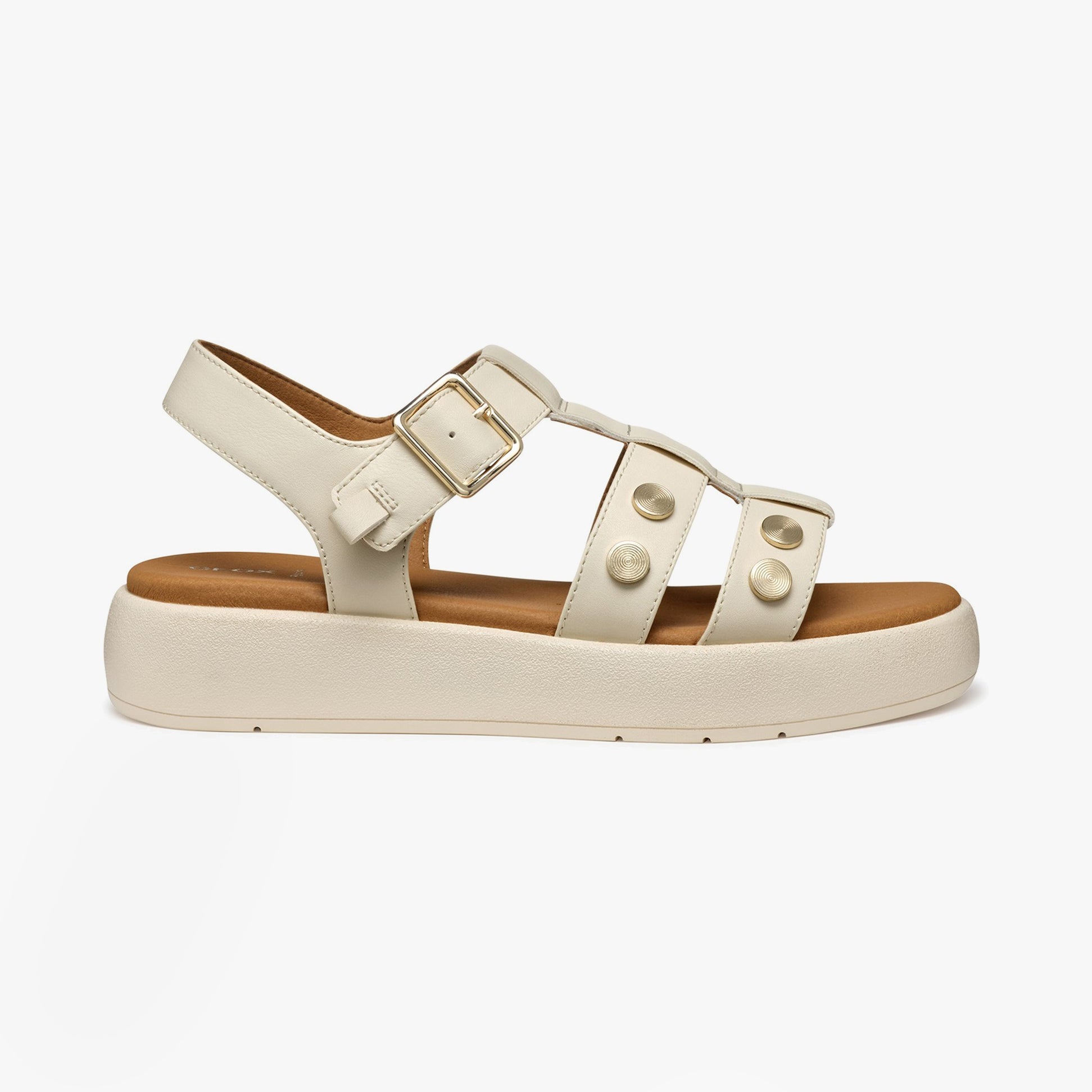 GEOX D CAMALEI Womens Sandals Papyrus side view showcasing synthetic upper, buckle closure, and low rubber sole.