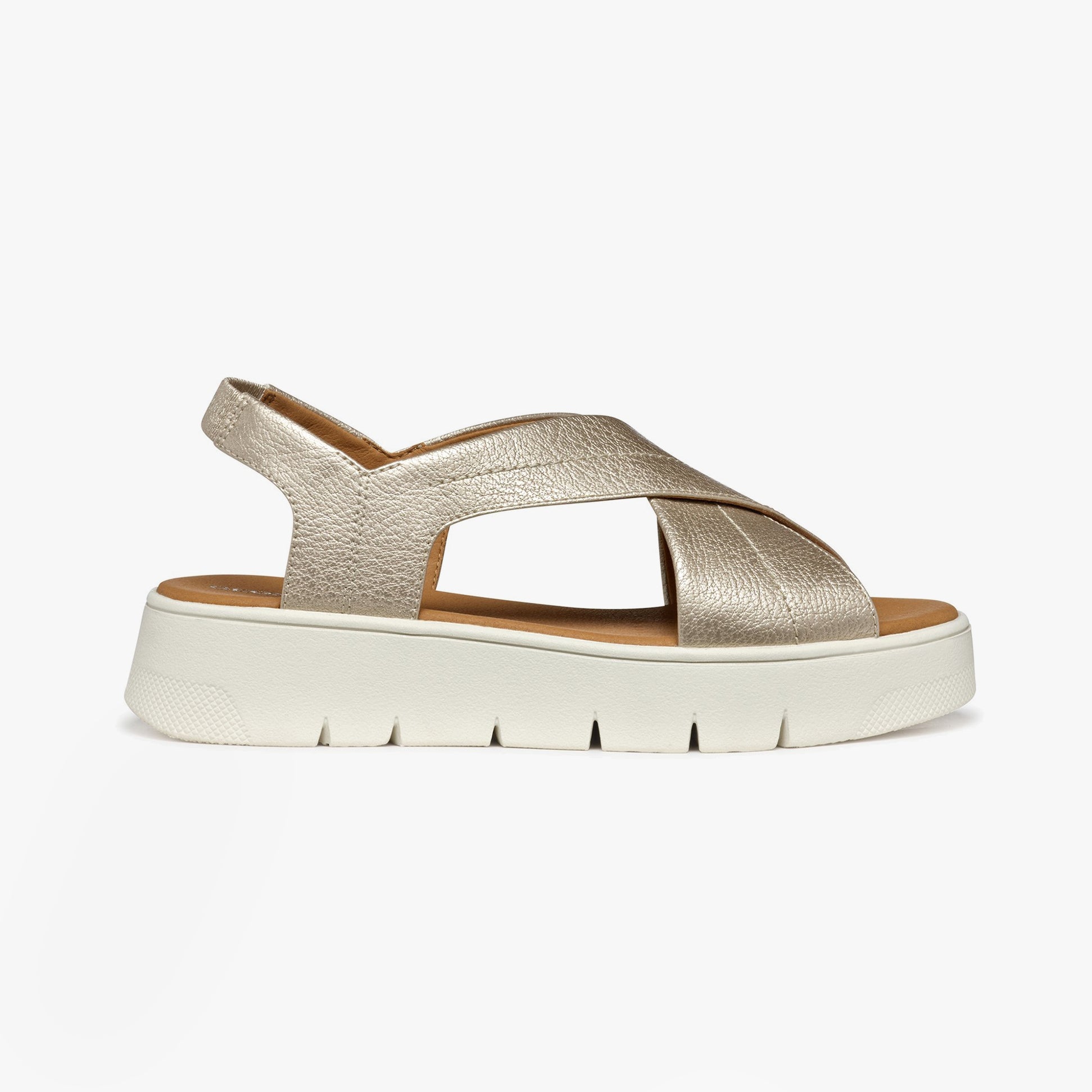 GEOX D DANDRA 40 Womens Sandals Light Gold side view showcasing the platform heel and synthetic upper material.