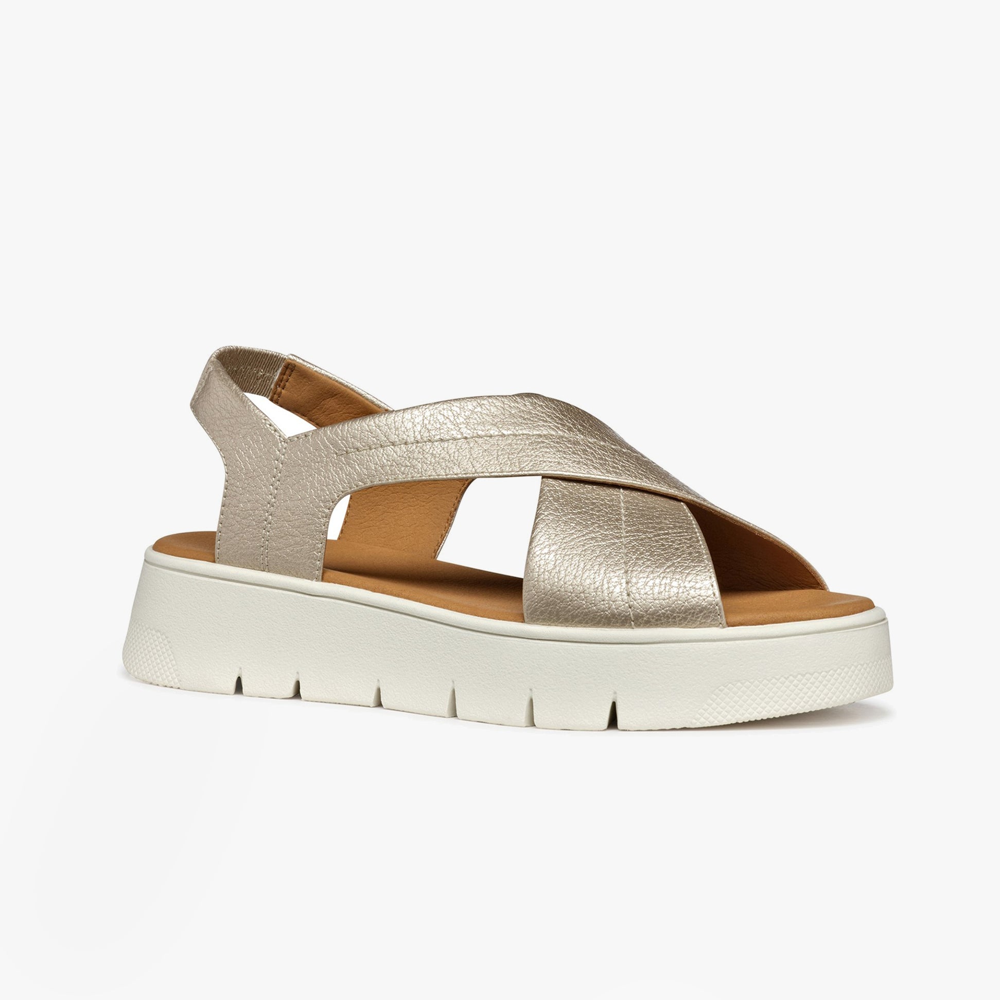 GEOX D DANDRA 40 Womens Sandals Light Gold side view showing synthetic upper and platform sole.