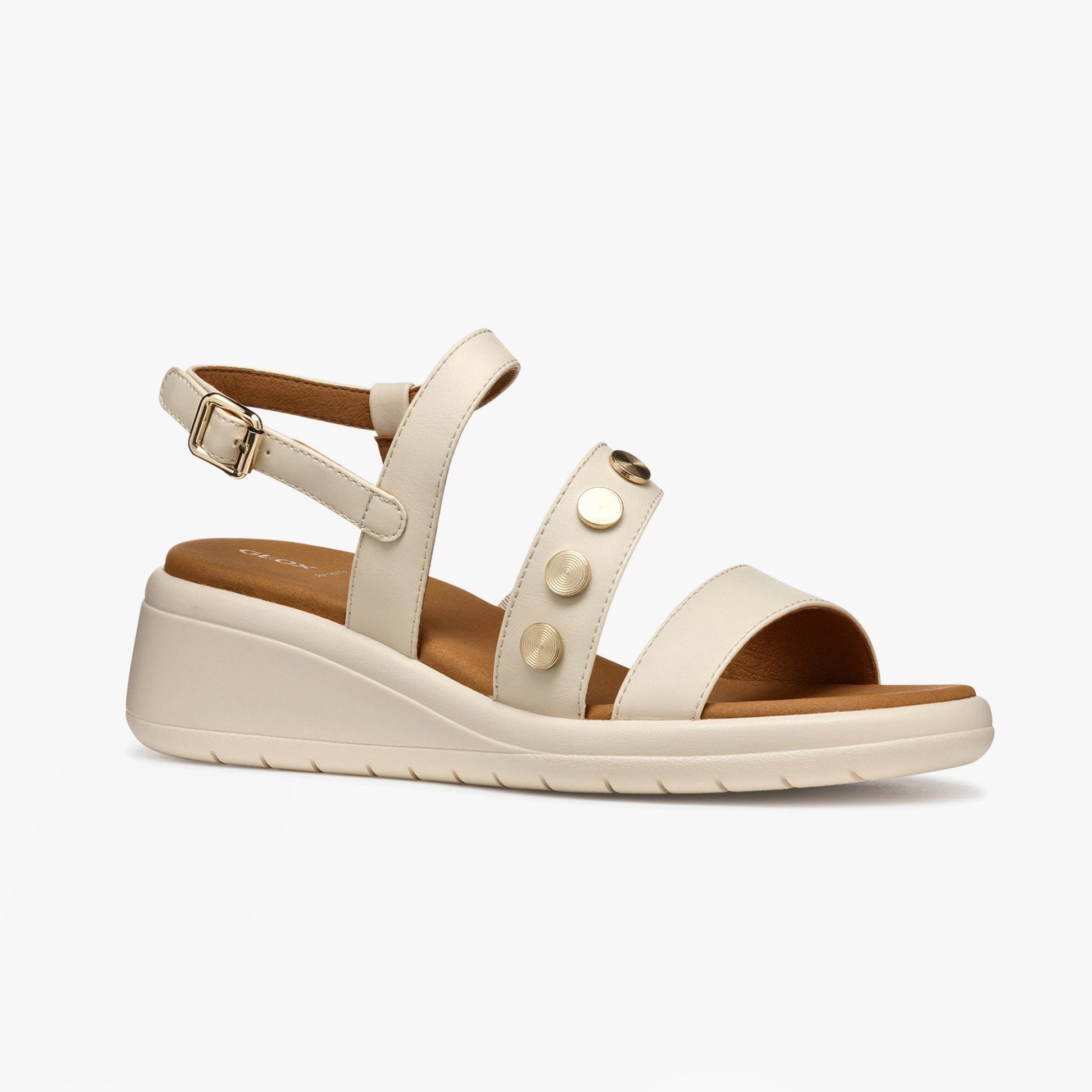 GEOX D MELICONIA Womens Sandals Papyrus side view with wedge heel and decorative buttons.