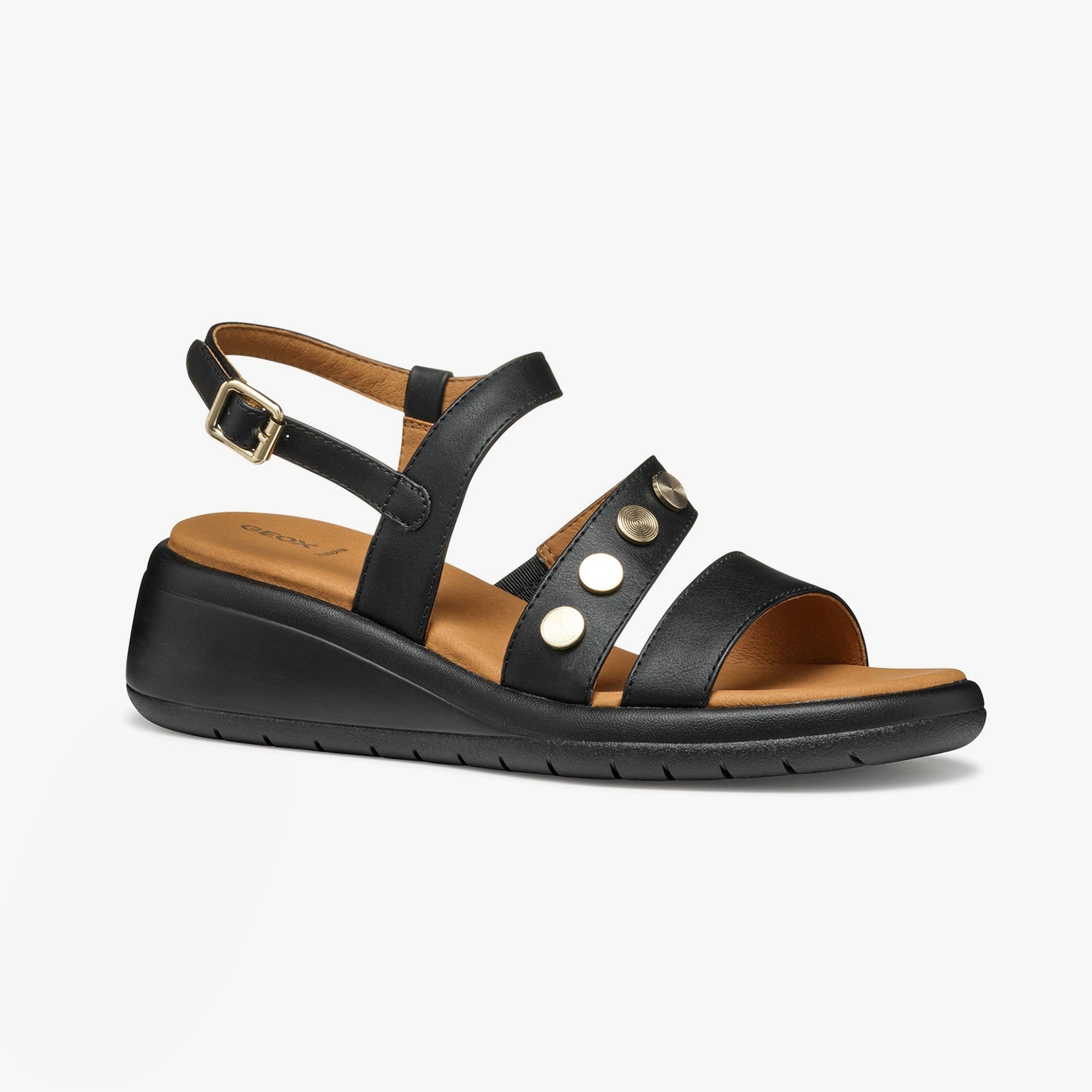 GEOX D MELICONIA Womens Sandals Black side view with buckle and decorative buttons on wedge heel.