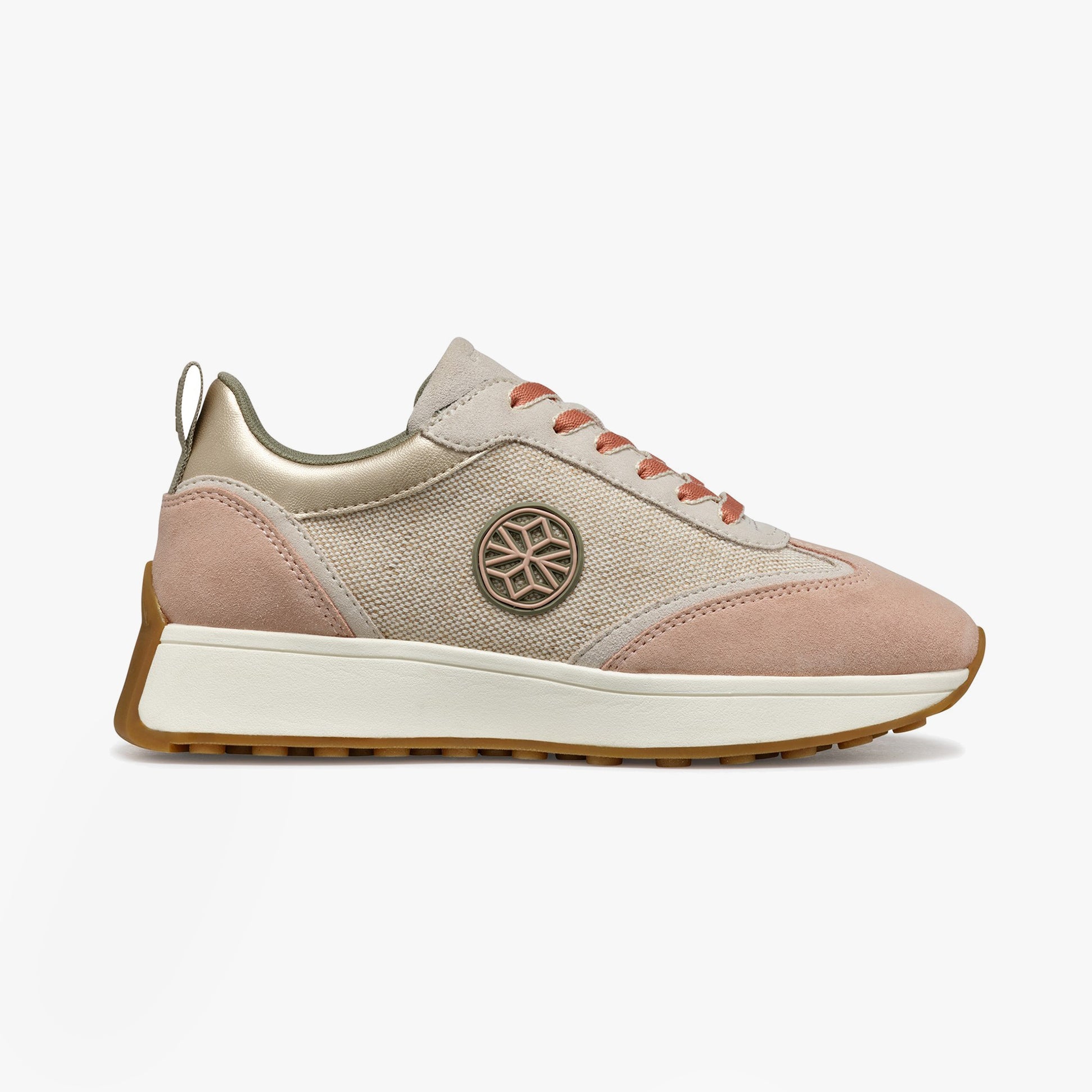 GEOX D AMABEL Womens Trainers Light Sand/Light Taupe side view showcasing casual style and lace-up closure.