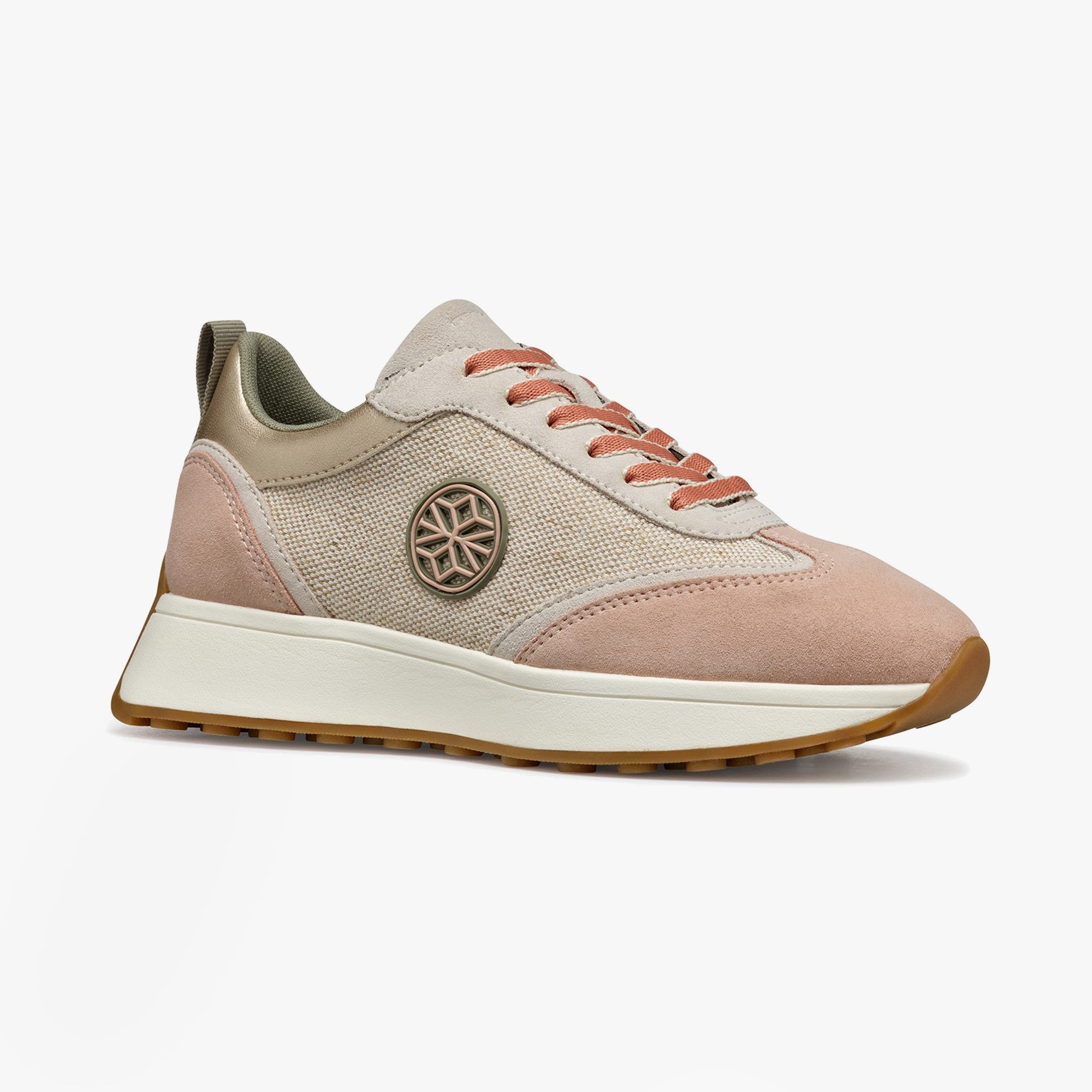 GEOX D AMABEL Womens Trainers Light Sand/Light Taupe side view showcasing lace-up design and round toe.