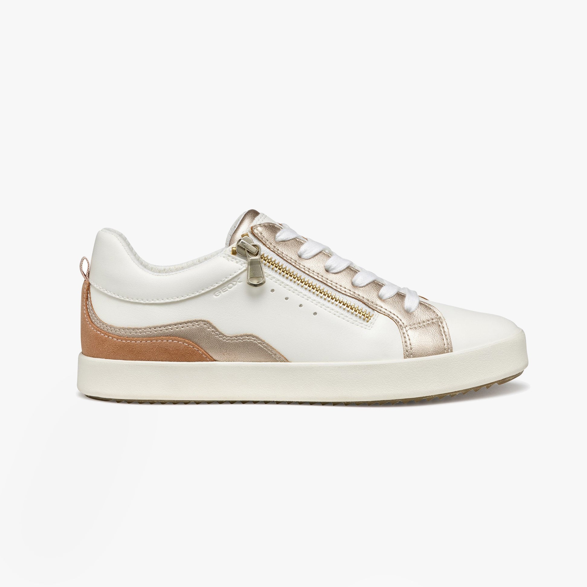 GEOX D BLOMIEE Womens Trainers Optic White/Nude side view showcasing faux leather upper and lace-up design.