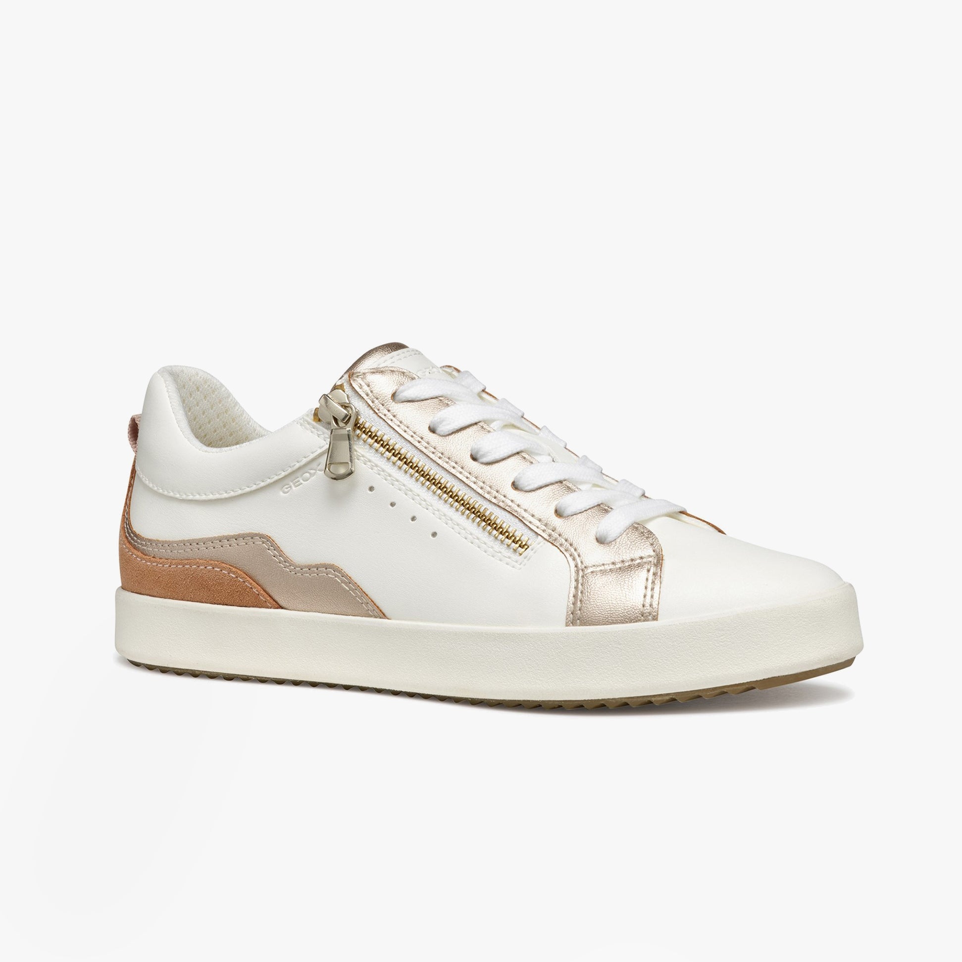 GEOX D BLOMIEE Womens Trainers Optic White/Nude side view featuring faux leather and zip detail