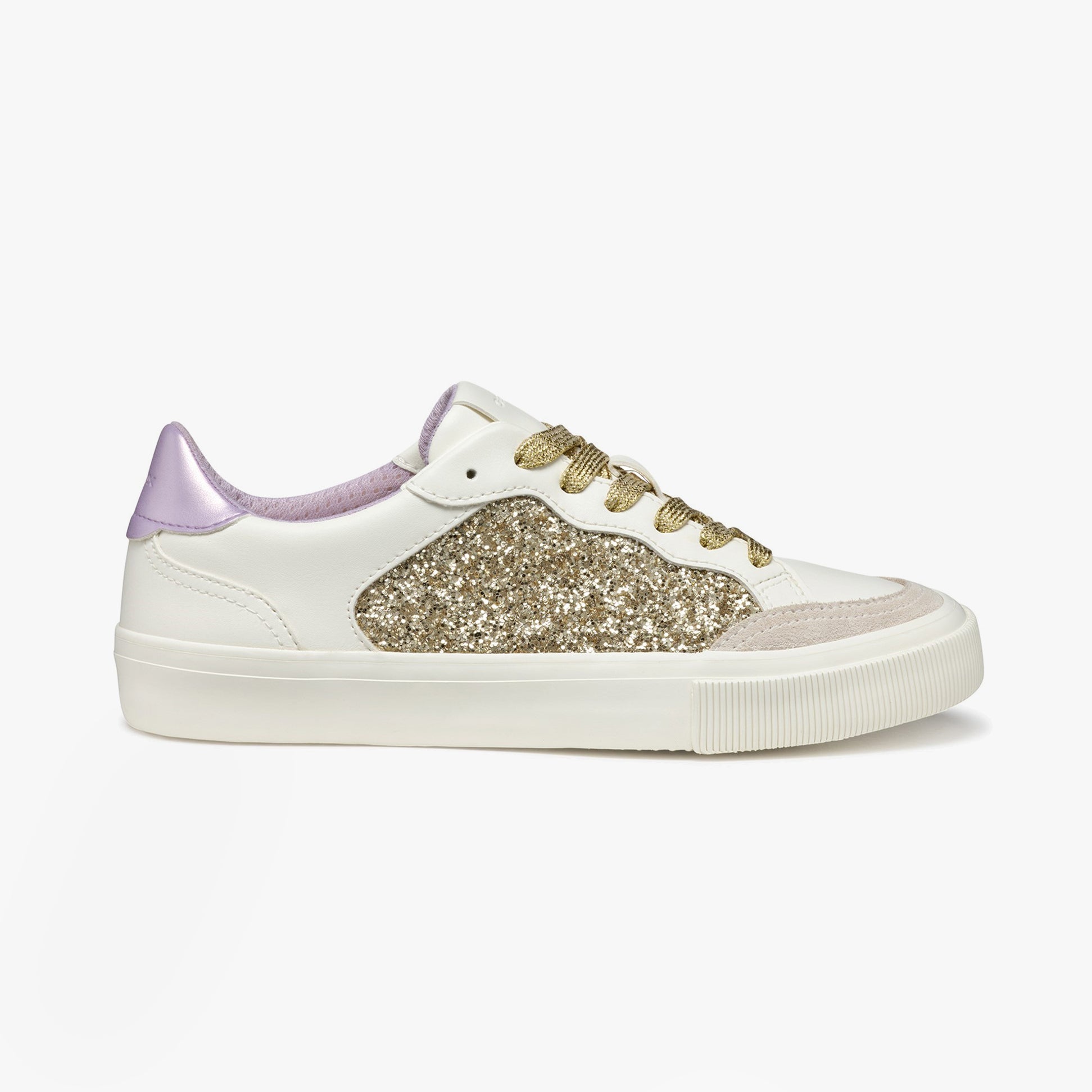 GEOX D EMMELENY Womens Trainers Optic White/Light Gold side view with glitter detail and lace-up closure.