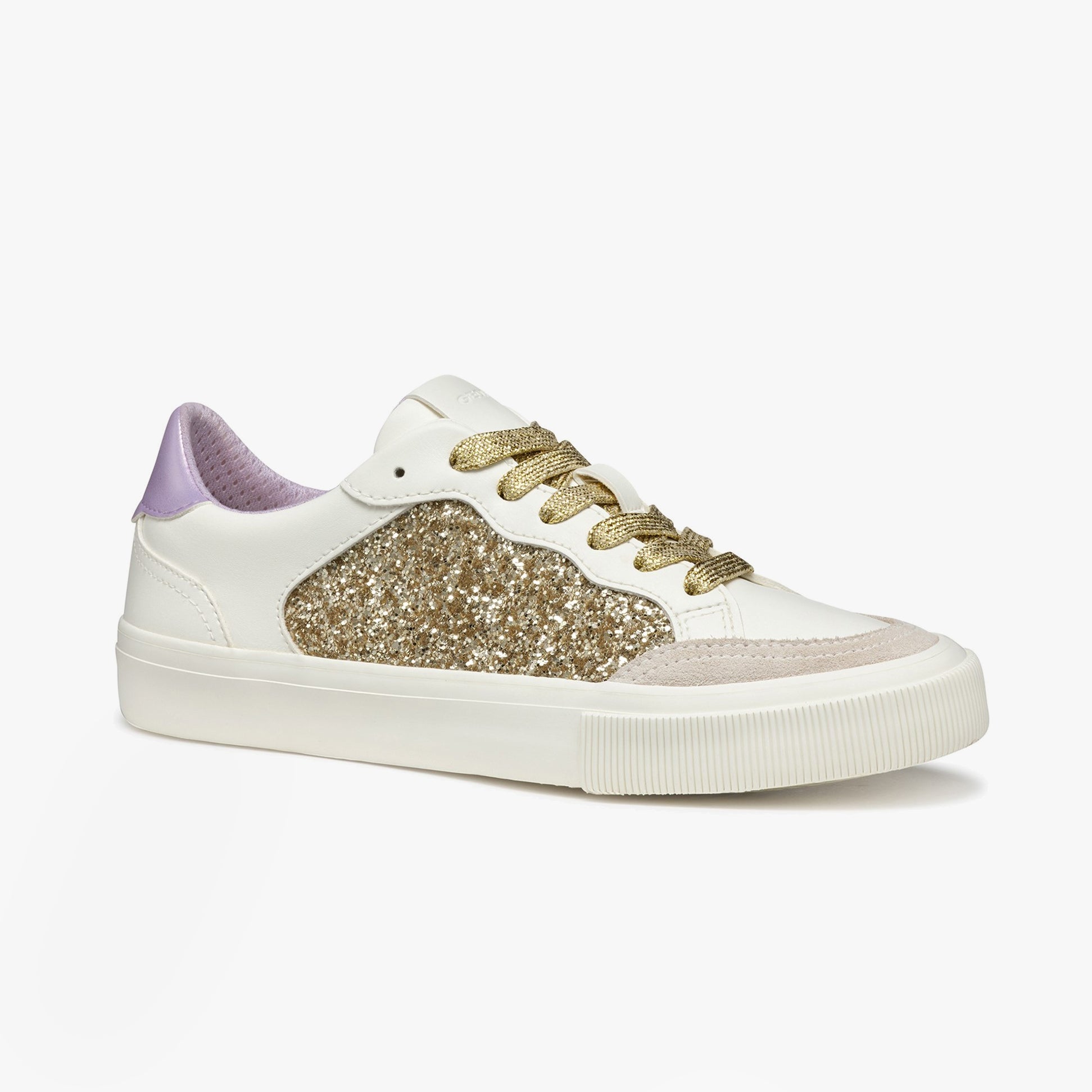 GEOX D EMMELENY Womens Trainers Optic White/Light Gold side view showcasing glitter detailing and lace-up design.