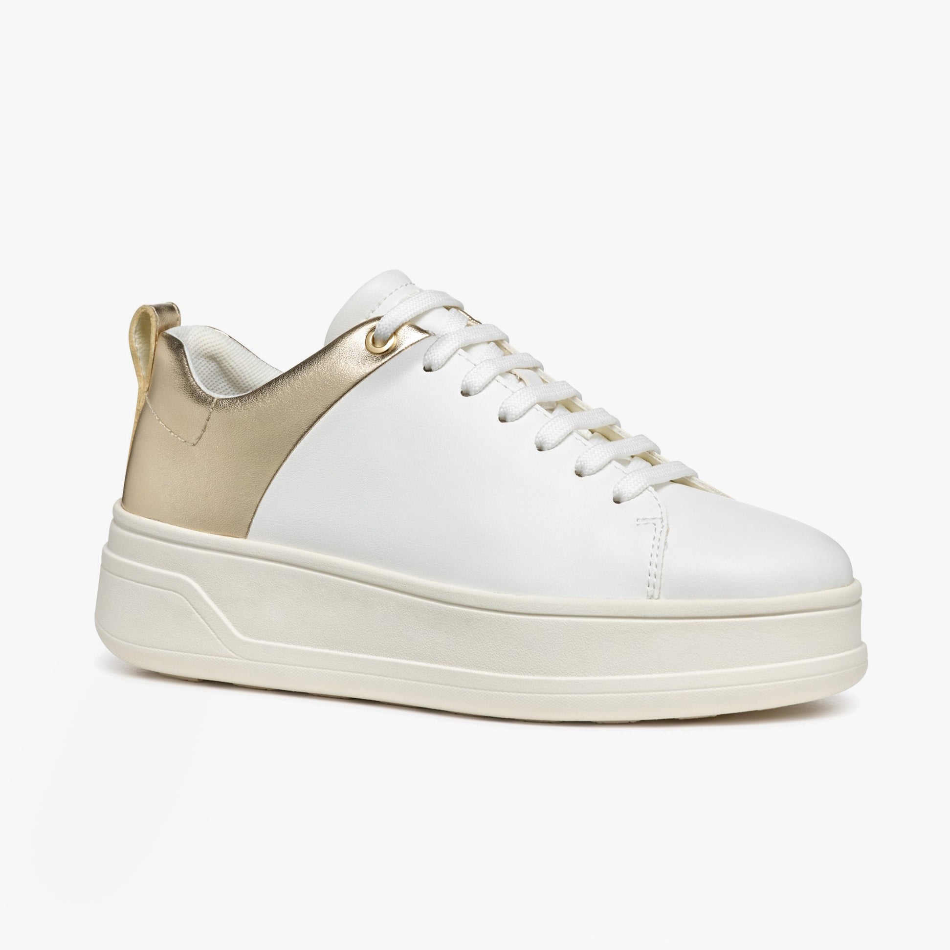 GEOX D SPHERICA ECUB-2 Womens Trainers White/Light Gold side view showcasing leather and synthetic upper.