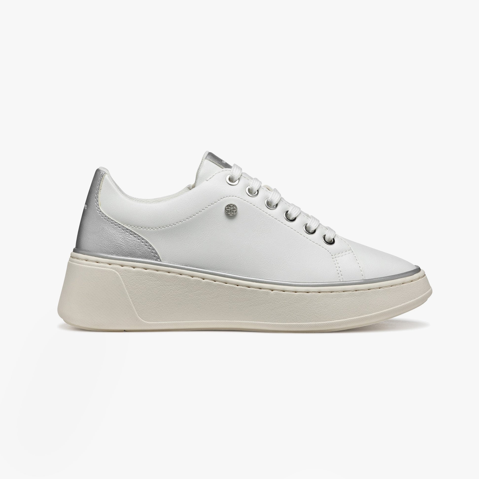 GEOX D SUNNETTY Womens Trainers White/Silver side view showcasing casual faux leather upper and platform sole.