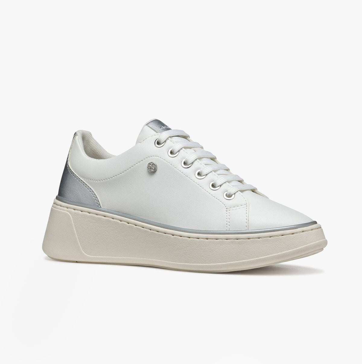 GEOX D SUNNETTY Womens Trainers White/Silver side view showcasing faux leather upper and platform sole.